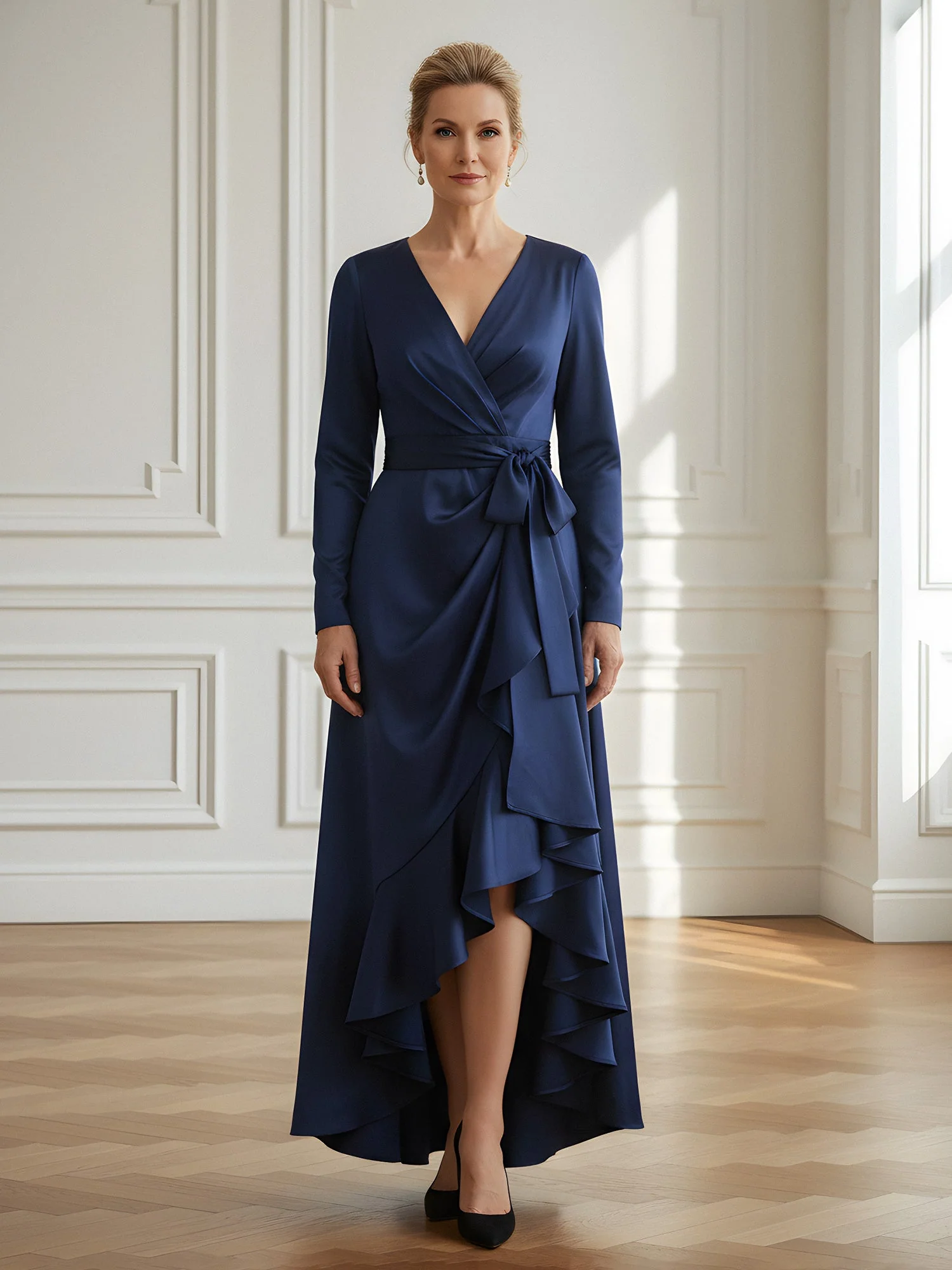 High Low Abendkleid mit Rüschensaum langen Ärmeln und Bindegürtel Plum