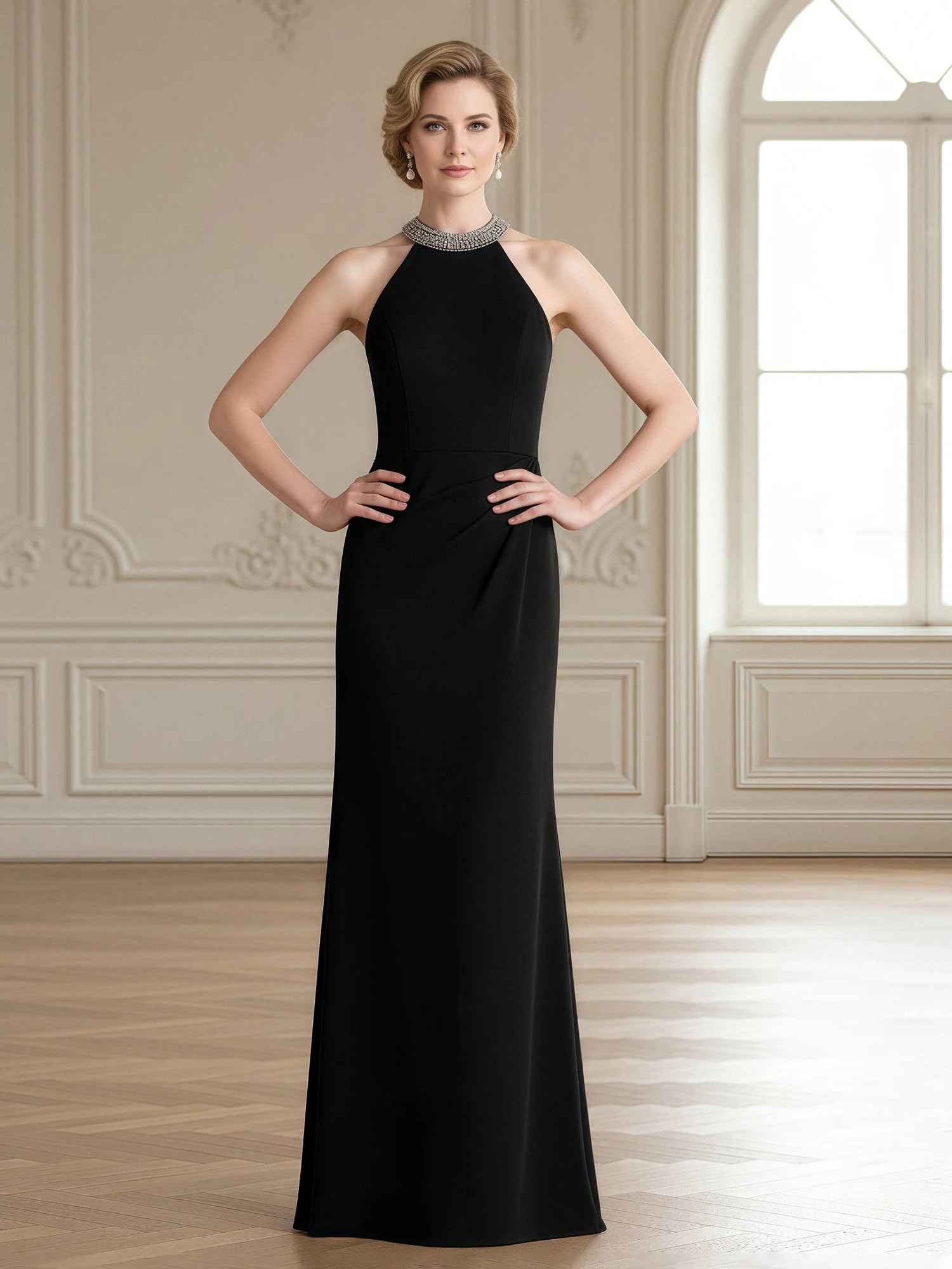 Schmuck Hals Säule Kleid mit Perlen Halter Ausschnitt Schwarz