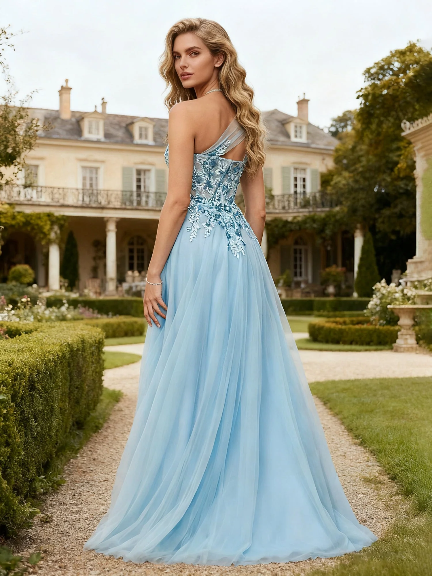 Eine Schulter Tüll Kleid mit feinem 3D Applique Himmelblau - Image 2