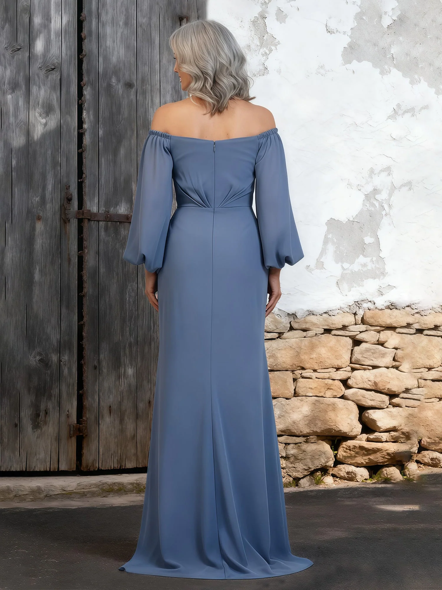 Chiffon Ärmel Schulterfrei Drapiert Oberteil Abendkleid Grün - Image 2