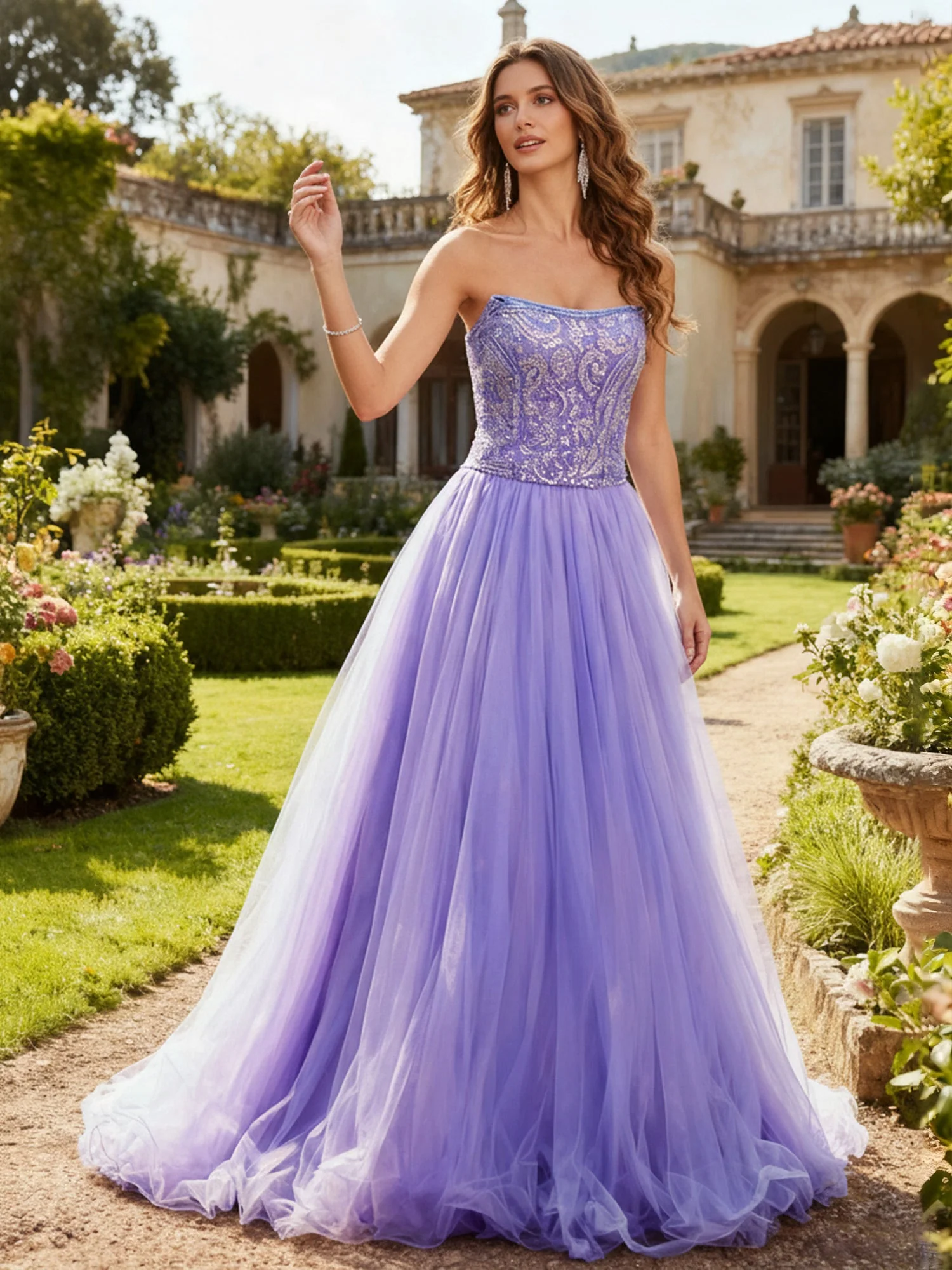 Trägerlos Pailletten Korsett Oberteil Tüll Ballkleid Lila