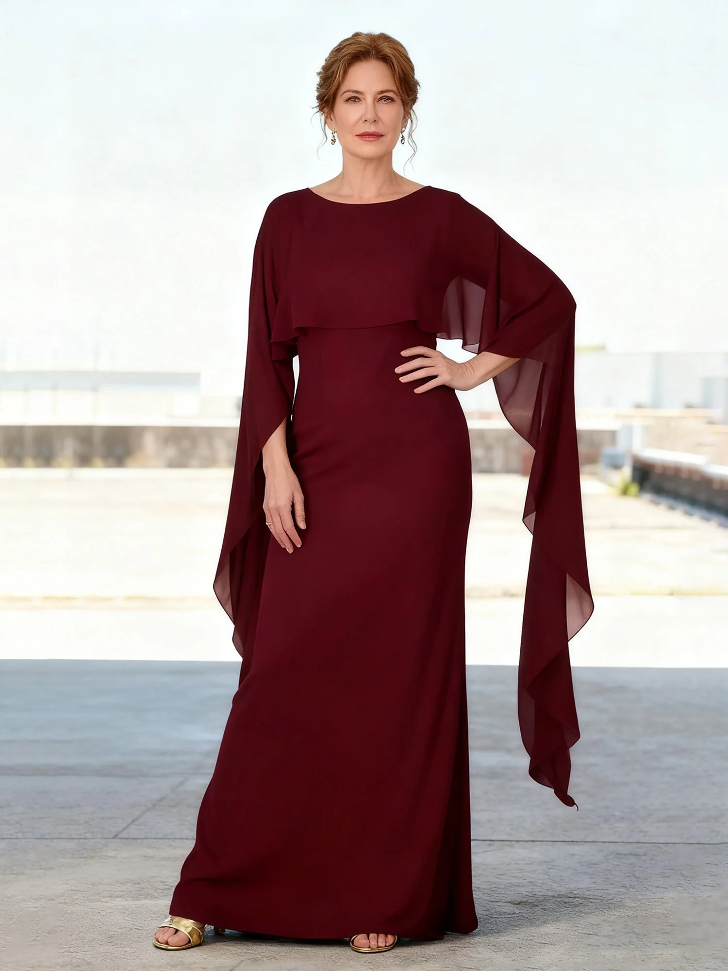 Rund Ausschnitt Bodenlang Overlay Detail Abendkleid Wassermelone