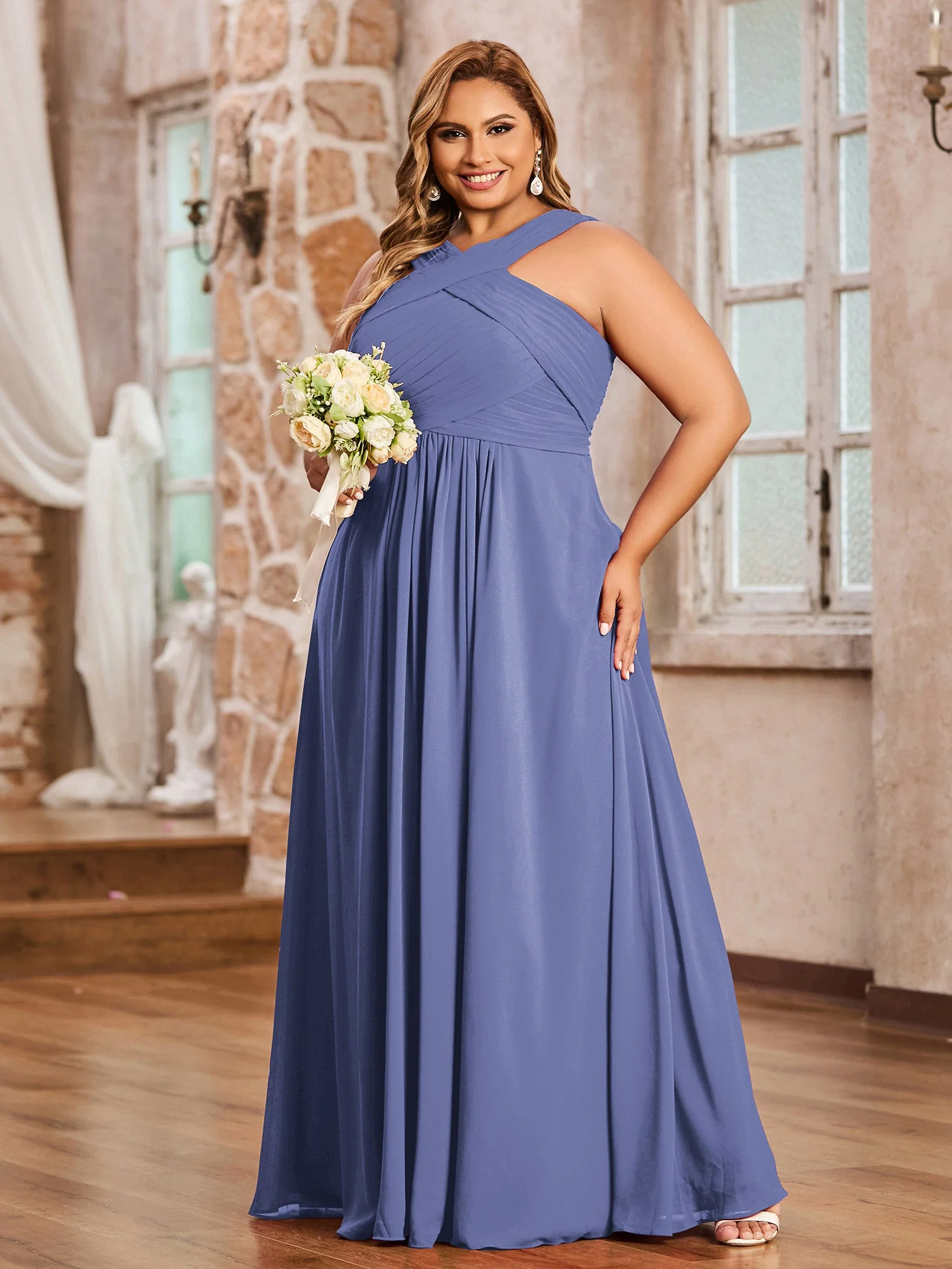 Kreuz Schultergurt Chiffon Kleid mit Empire-Linie Taille Periwinkleblau - Image 3