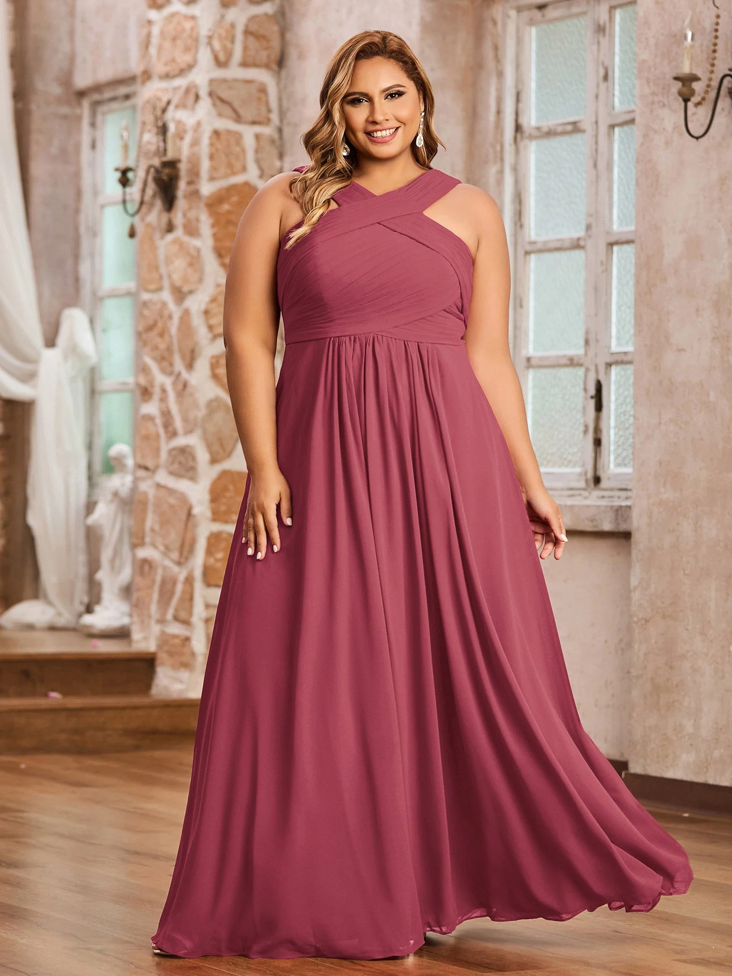 Kreuz Schultergurt Chiffon Kleid mit Empire-Linie Taille Zimtrose