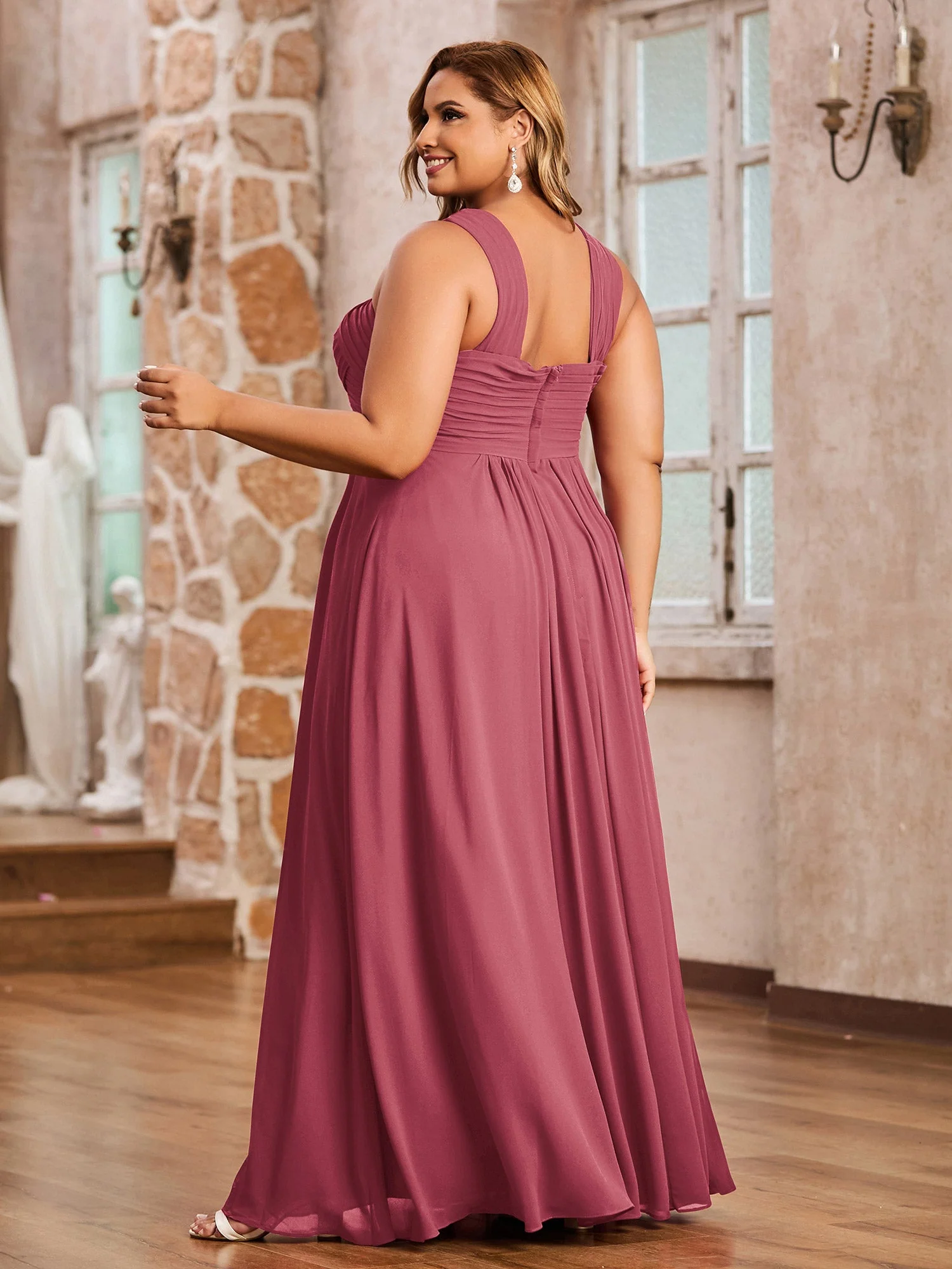 Kreuz Schultergurt Chiffon Kleid mit Empire-Linie Taille Zimtrose - Image 2