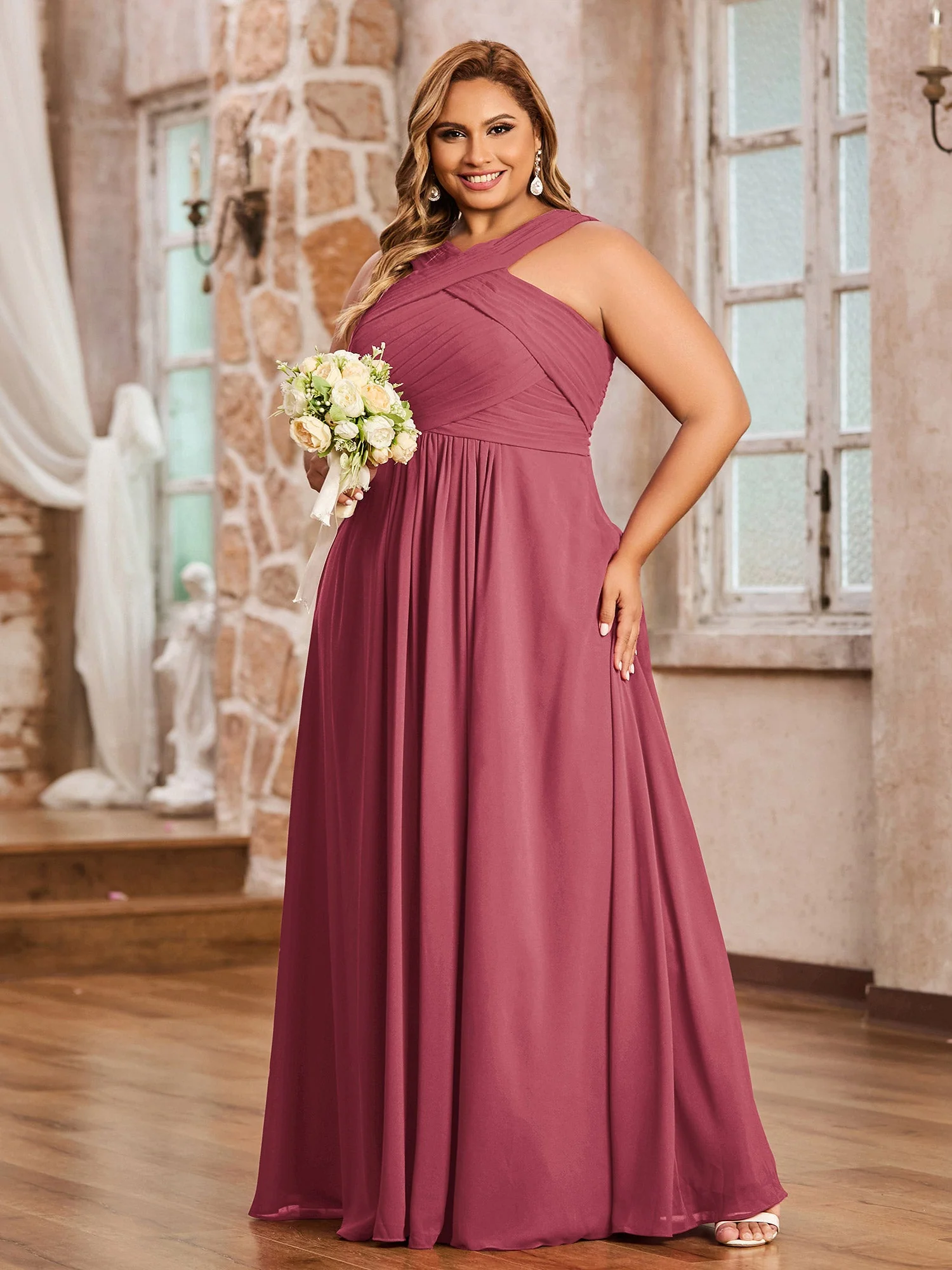 Kreuz Schultergurt Chiffon Kleid mit Empire-Linie Taille Zimtrose - Image 3