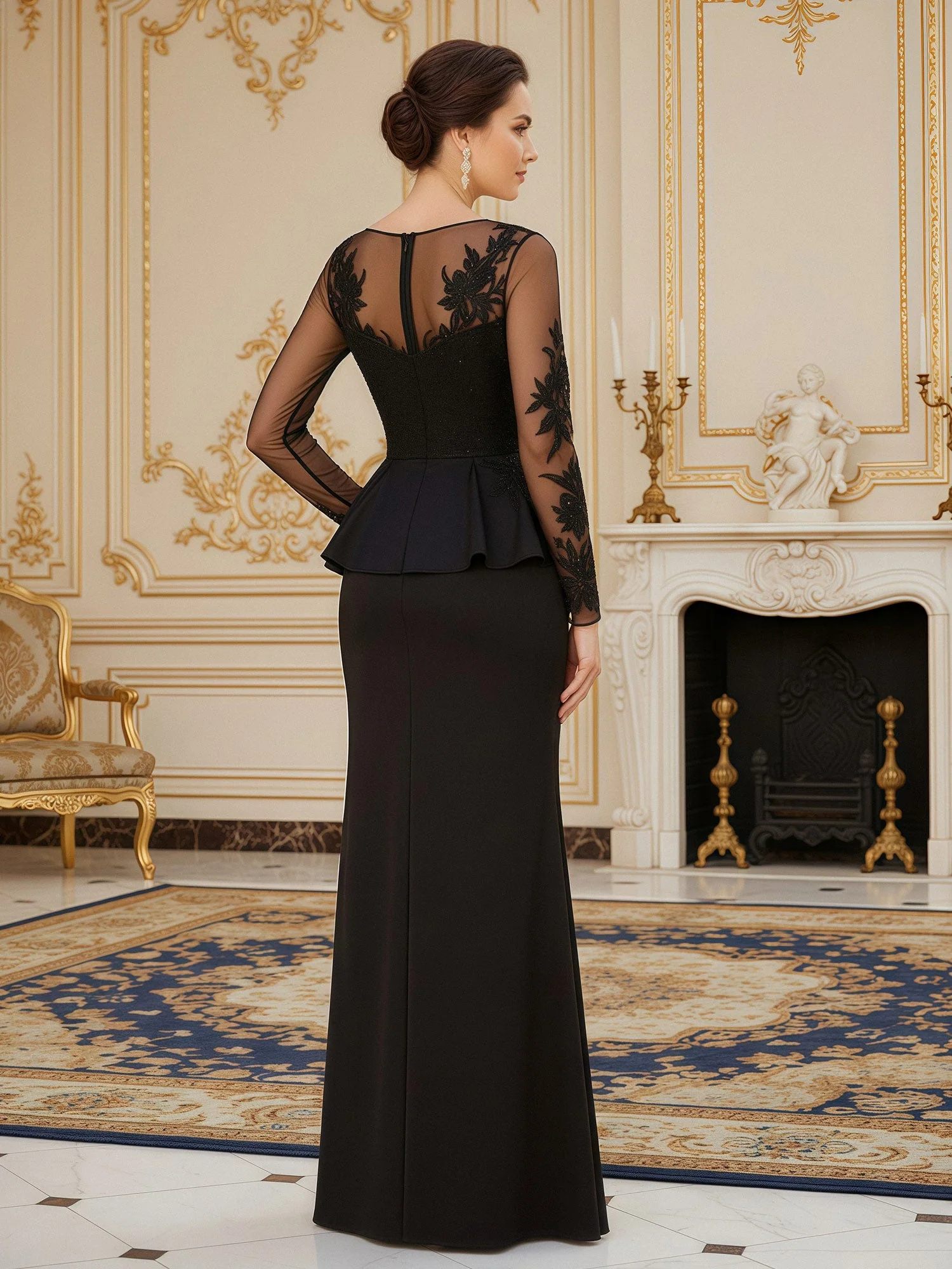 Schier Langarm Kleid mit Stickerei Peplum Taille Schwarz - Image 2