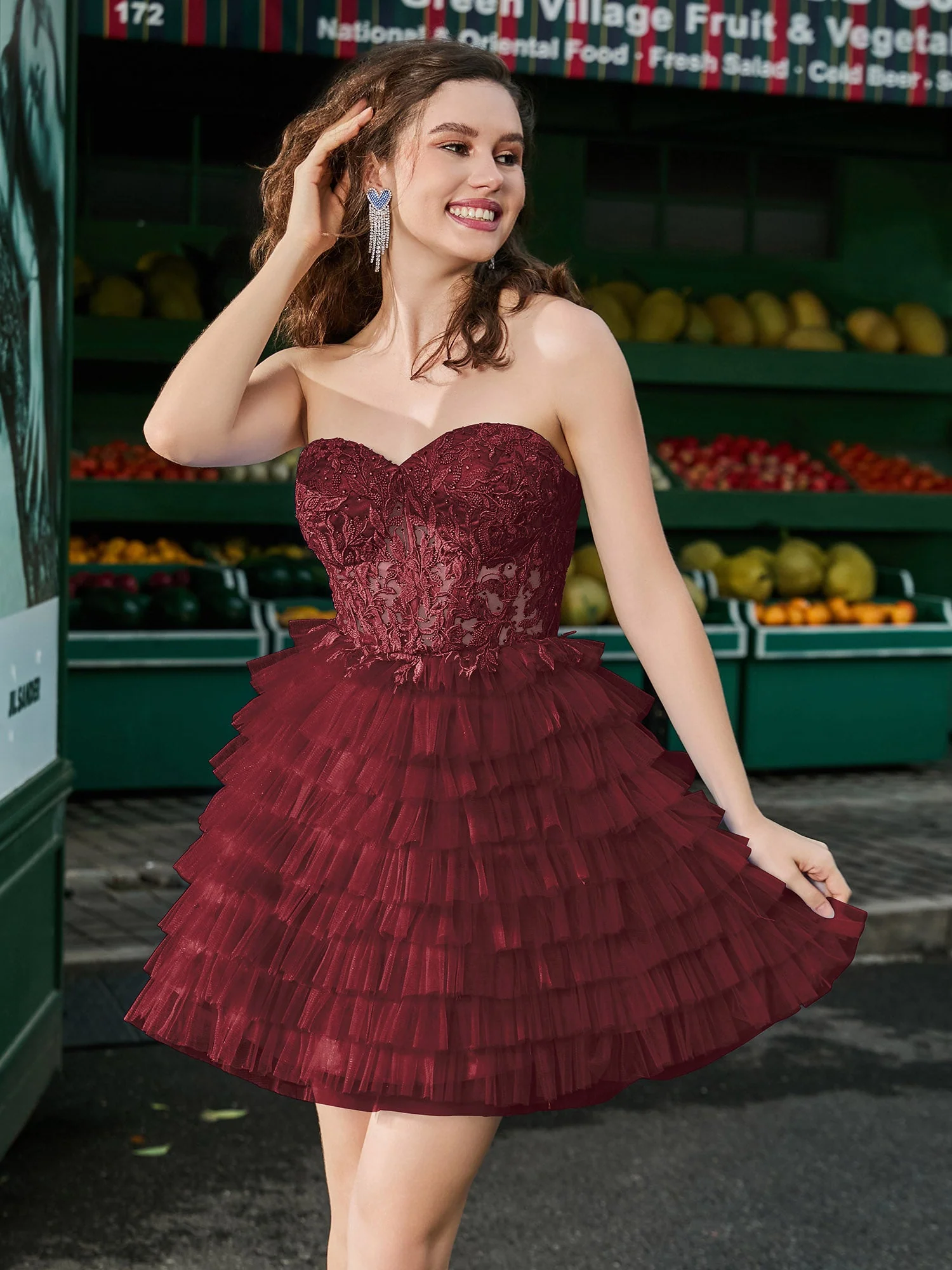 Kurzes etagiertes Tüllkleid mit Korsage-Oberteil Zimtrose - Image 3
