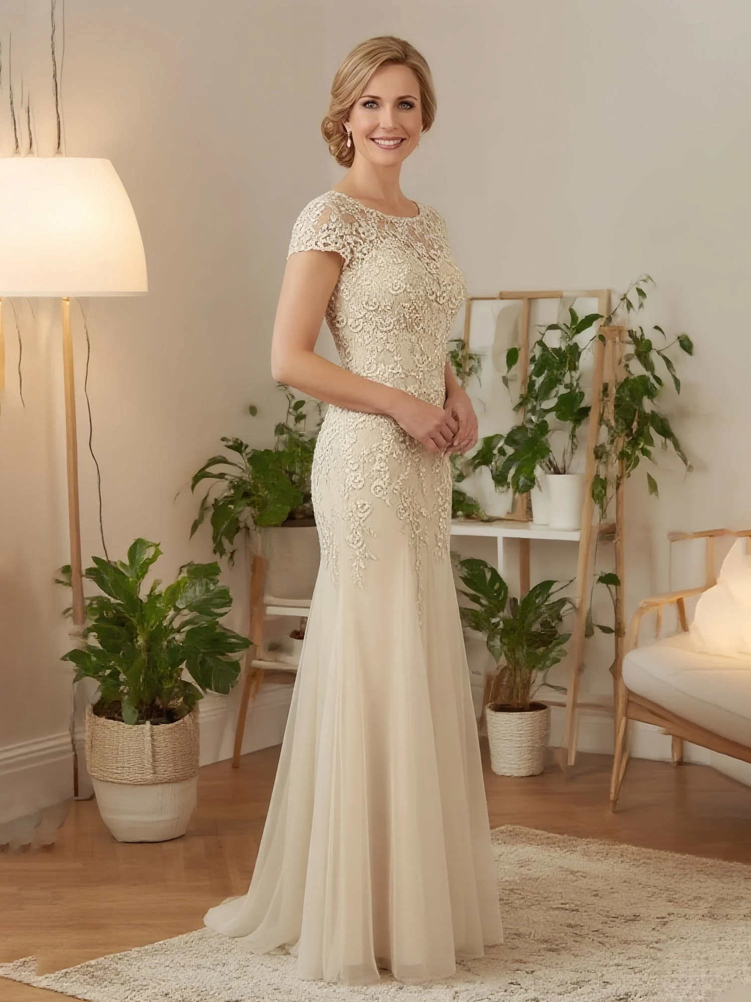 Elegant Illusion Ausschnitt Bodenlang Eingebaut Kleid Champagner
