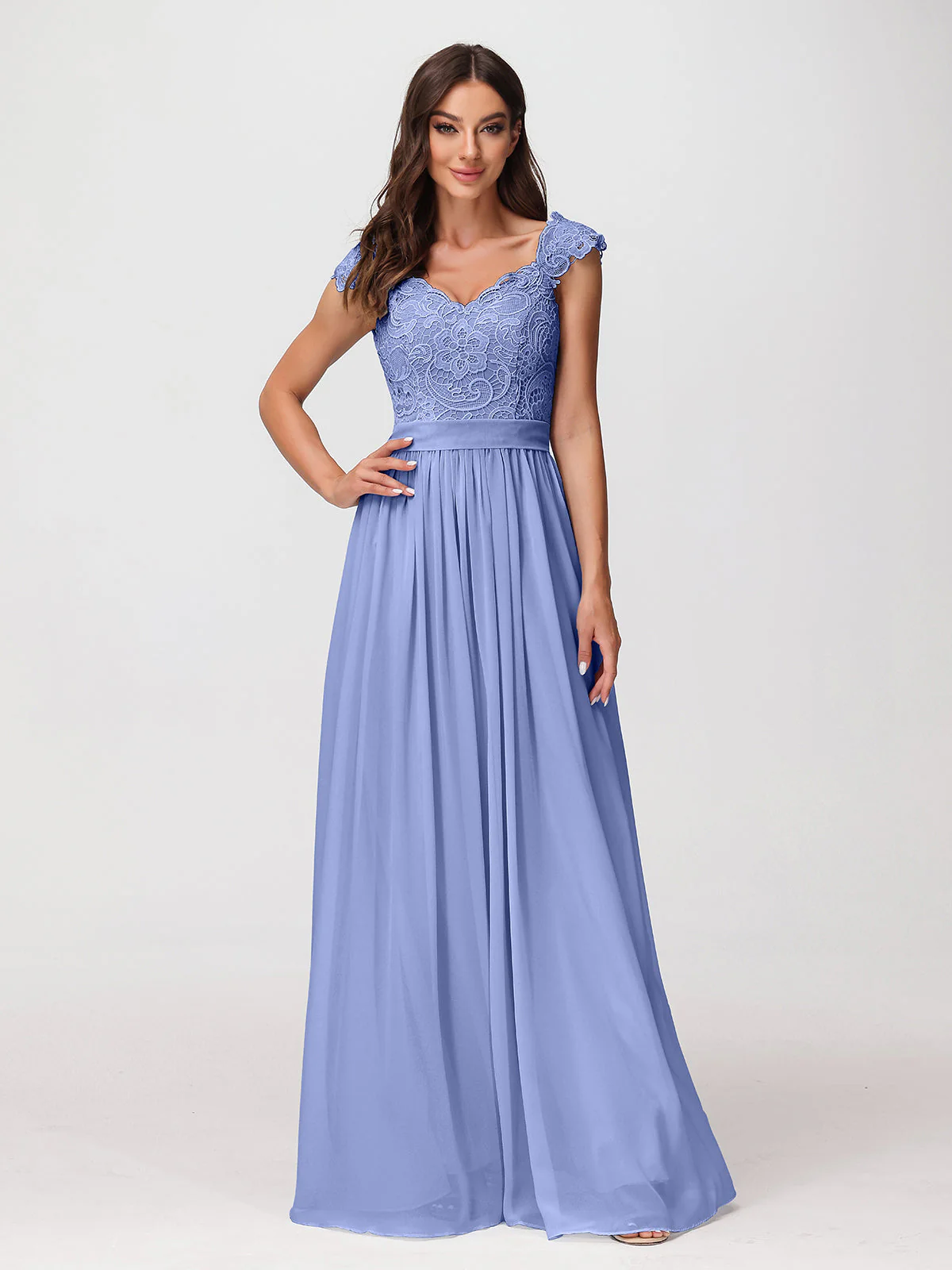Lang Chiffon Kleid mit Spitze Appliqued Mieder Periwinkleblau