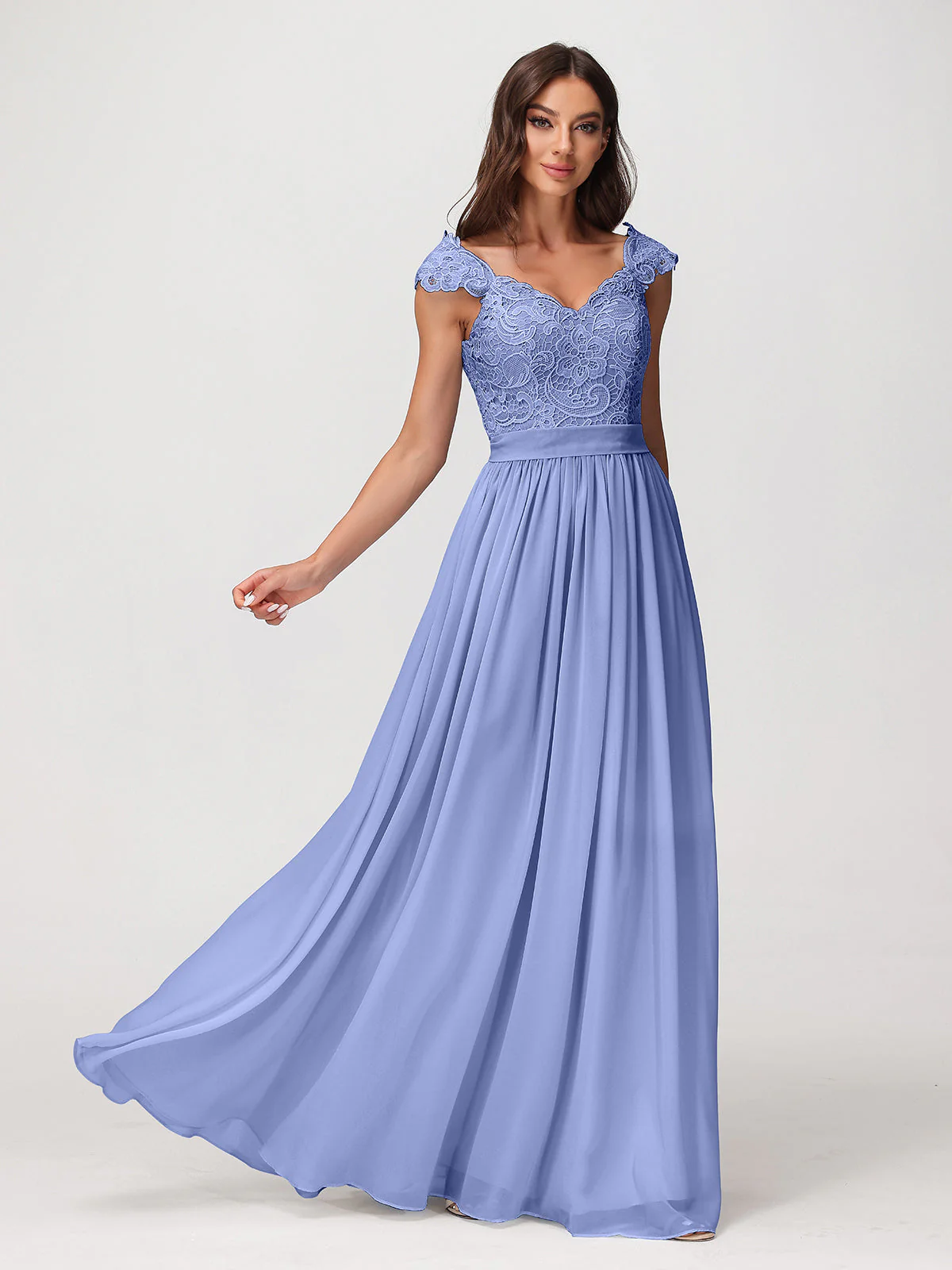 Lang Chiffon Kleid mit Spitze Appliqued Mieder Periwinkleblau - Image 6
