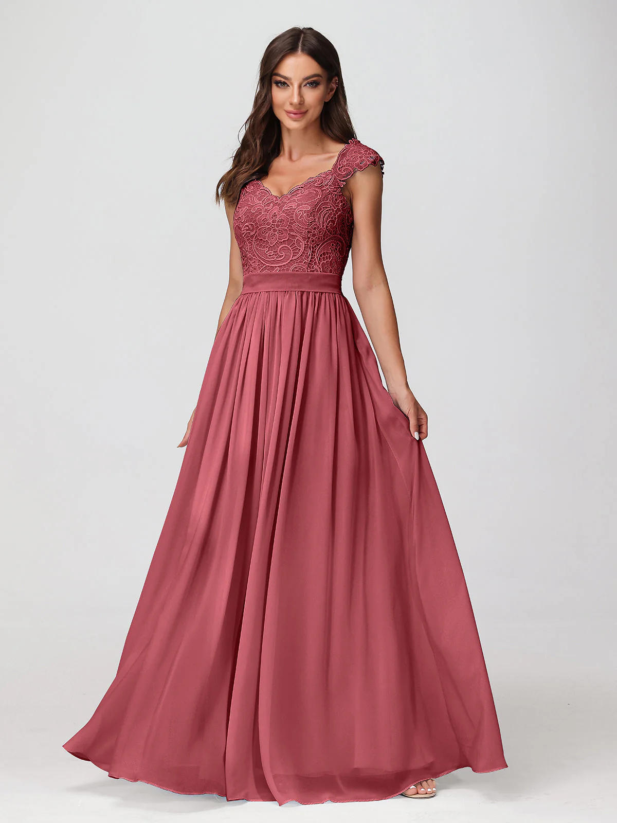 Lang Chiffon Kleid mit Spitze Appliqued Mieder Zimtrose - Image 4