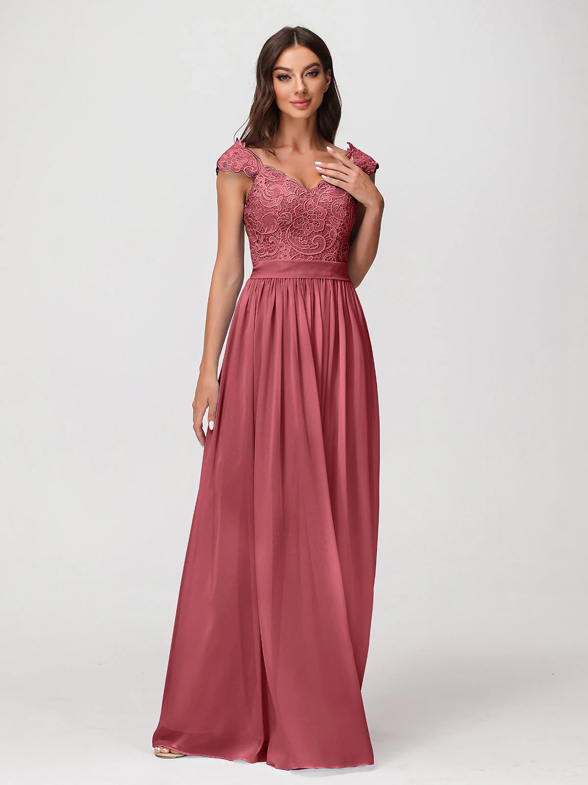 Lang Chiffon Kleid mit Spitze Appliqued Mieder Zimtrose - Image 5