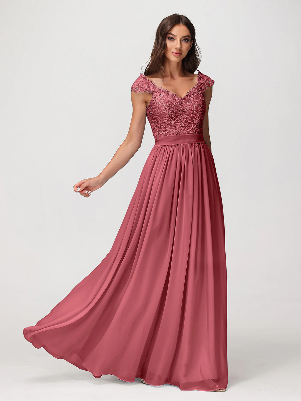 Lang Chiffon Kleid mit Spitze Appliqued Mieder Zimtrose - Image 6