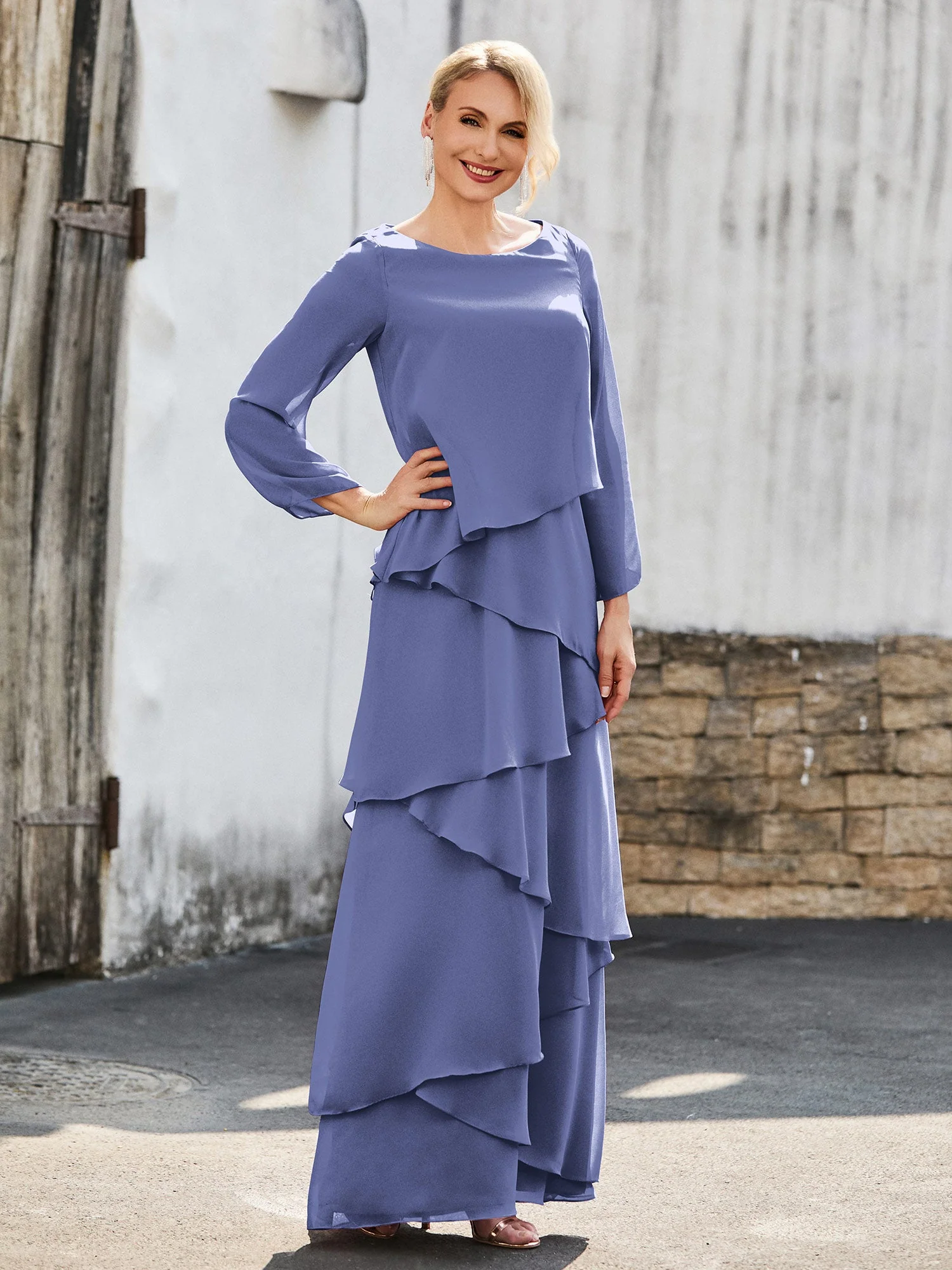 Langarm Chiffon Kleid mit kaskadierenden Rüschen Periwinkleblau - Image 3