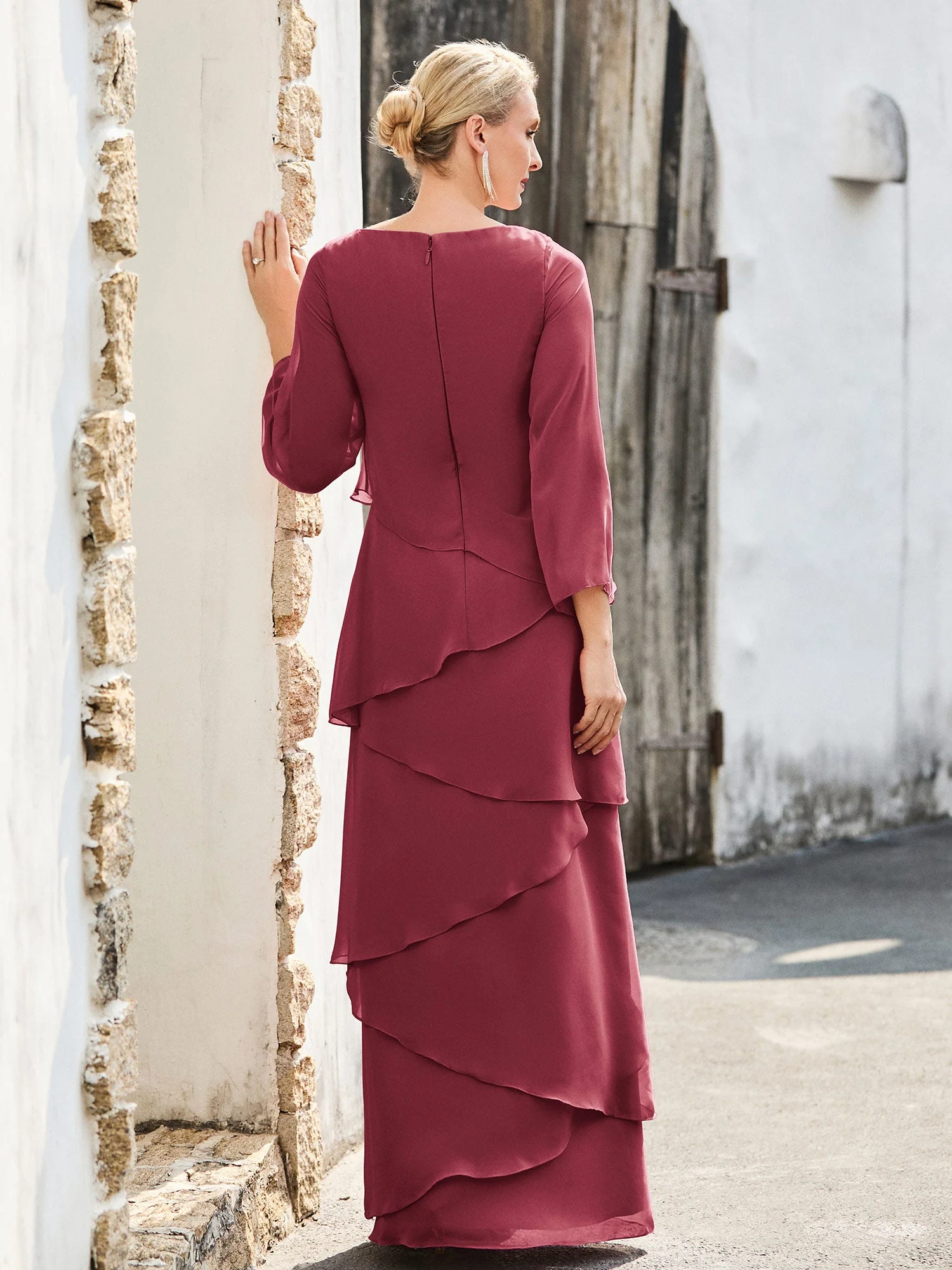 Langarm Chiffon Kleid mit kaskadierenden Rüschen Zimtrose - Image 2