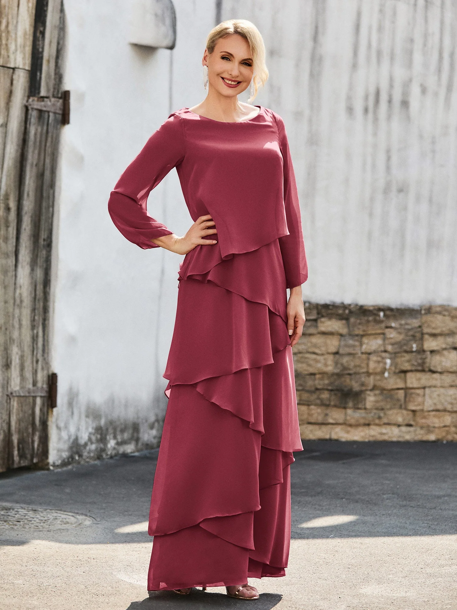 Langarm Chiffon Kleid mit kaskadierenden Rüschen Zimtrose - Image 3