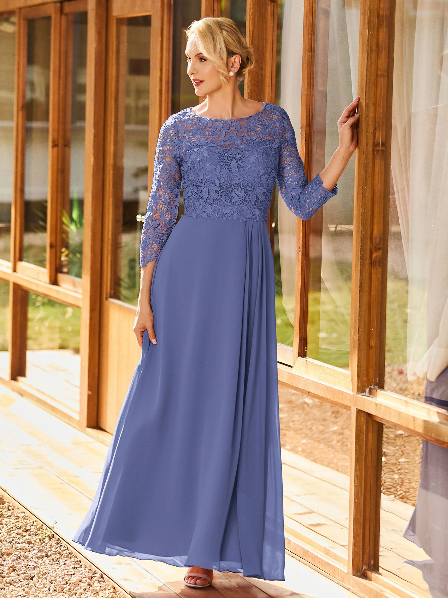 Langarm Spitzenoberteil A-Linie Plissee Kleid Periwinkleblau