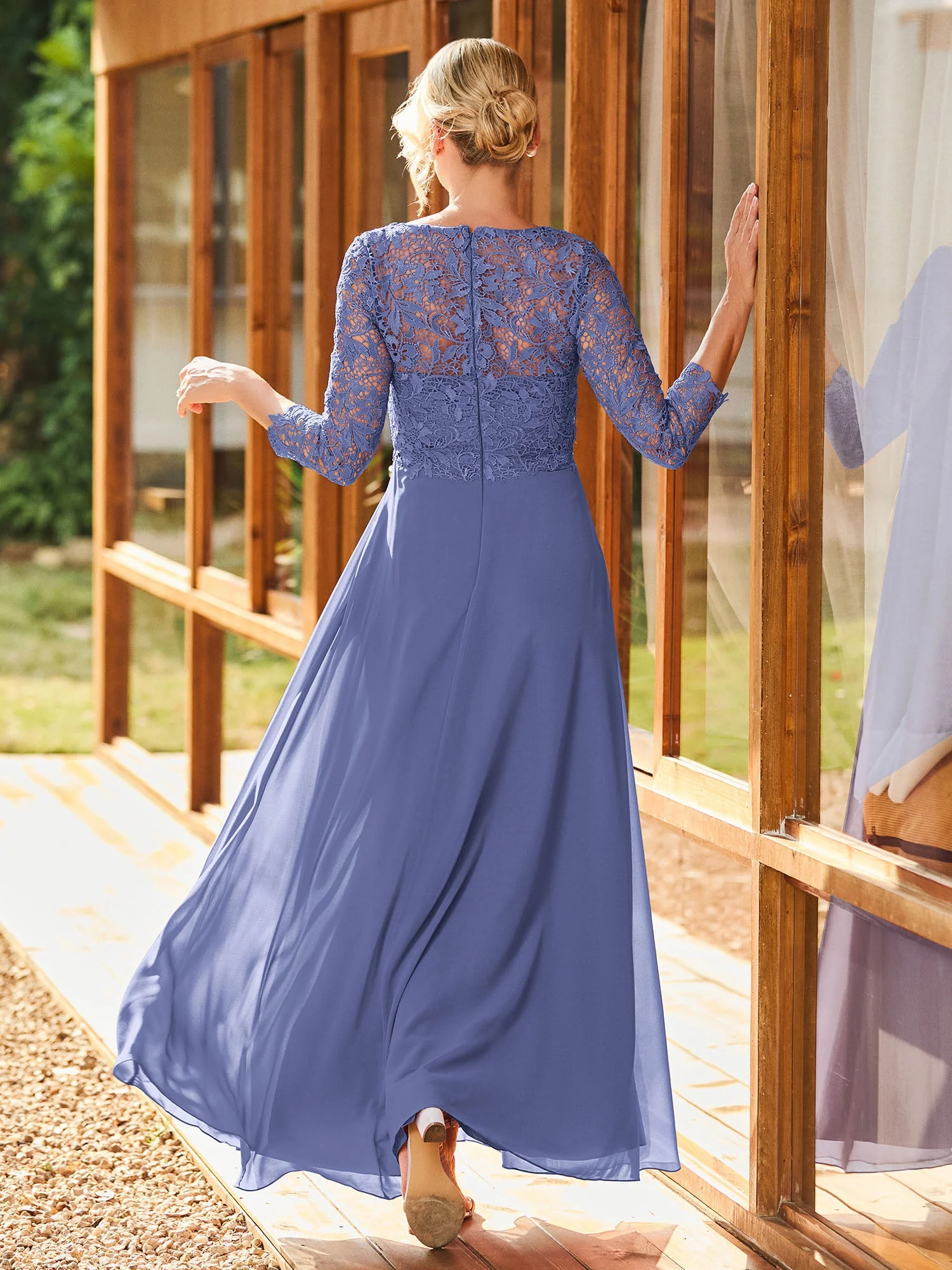 Langarm Spitzenoberteil A-Linie Plissee Kleid Periwinkleblau - Image 2