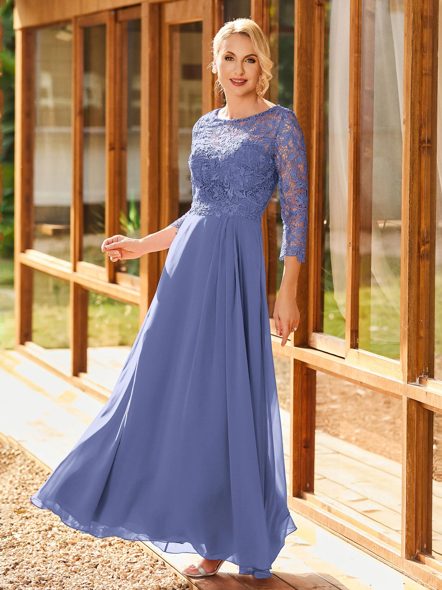 Langarm Spitzenoberteil A-Linie Plissee Kleid Periwinkleblau - Image 3