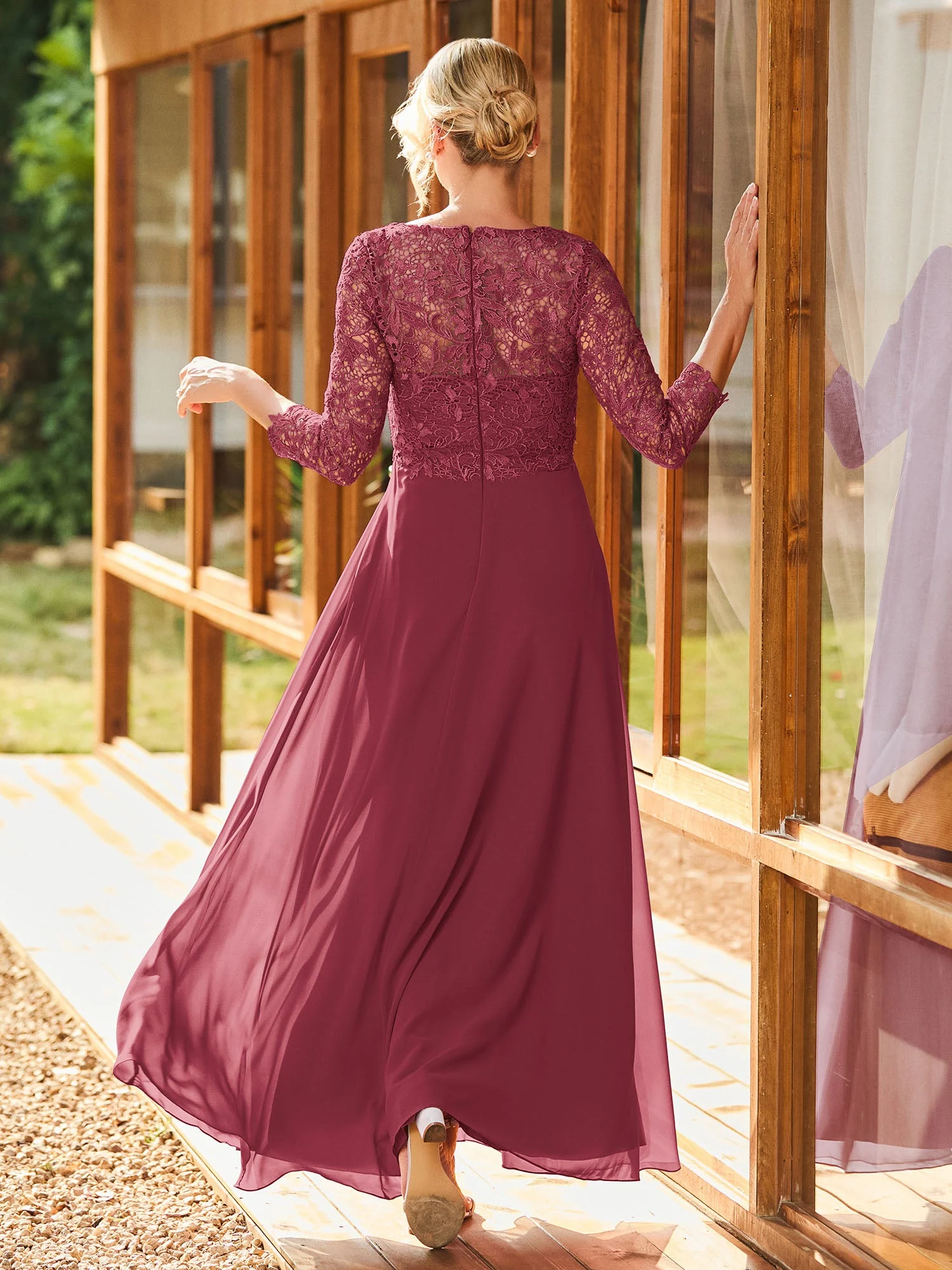 Langarm Spitzenoberteil A-Linie Plissee Kleid Zimtrose - Image 2