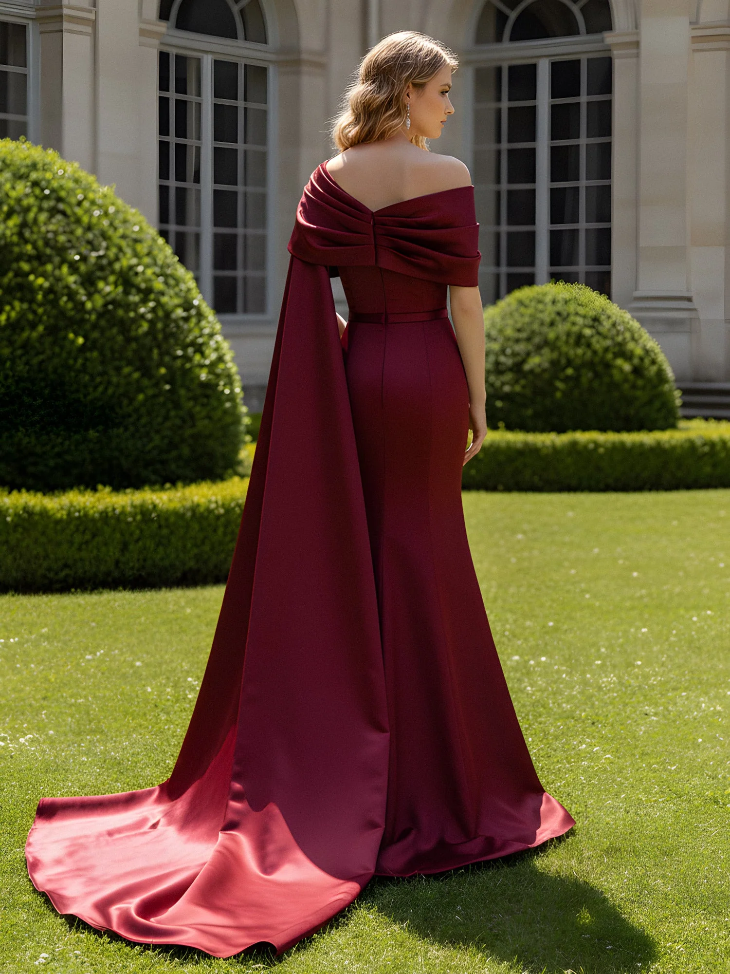 Langes One-Shoulder Etuikleid mit Schlitz und Cape Rot - Image 2