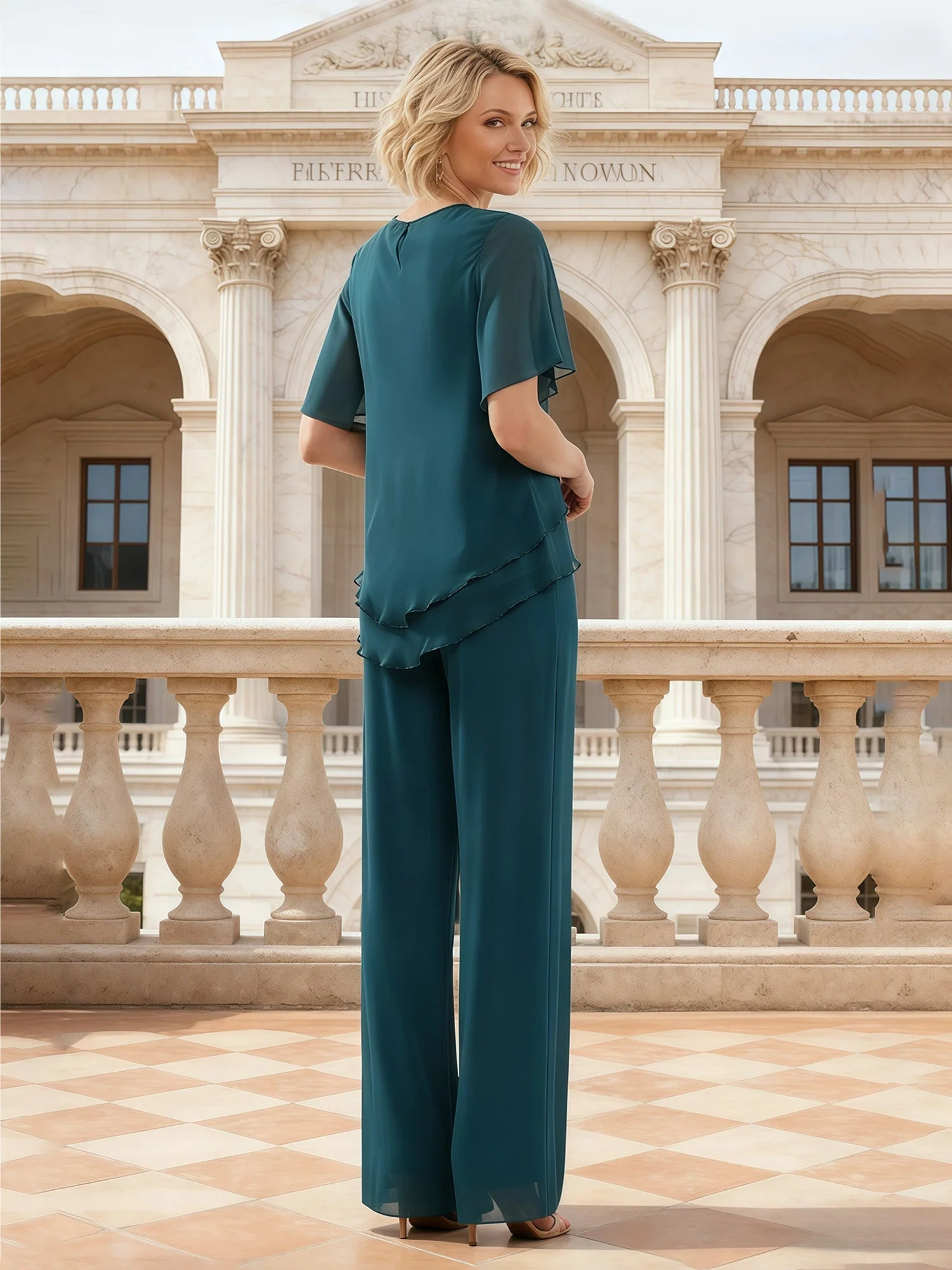 Schichtig Chiffon Hose Anzug Perlen Trim Breitbein Design Türkis - Image 2