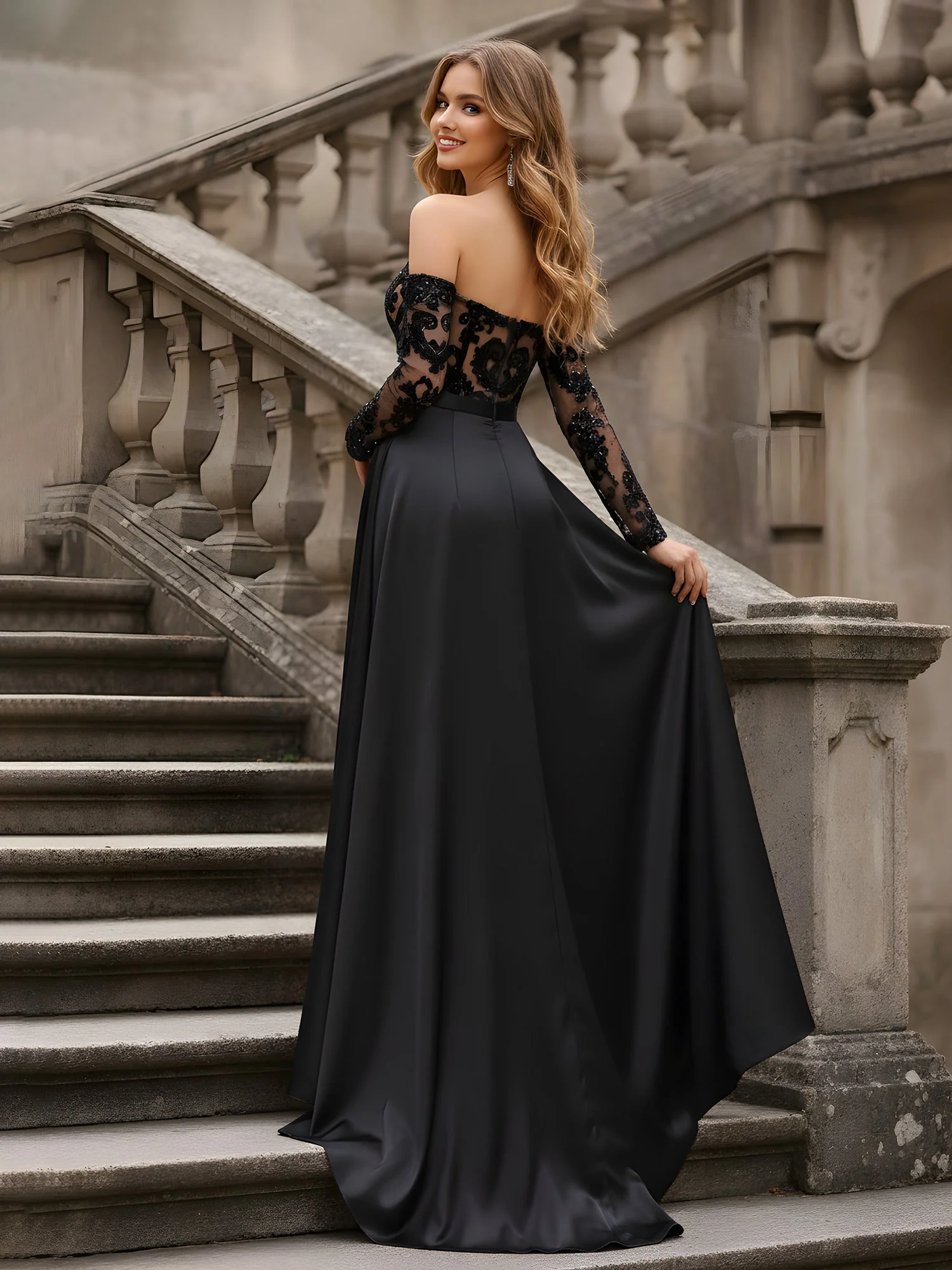 Spitze Schier Oberteil Etui Hoher Schlitz Kleid Schwarz - Image 2