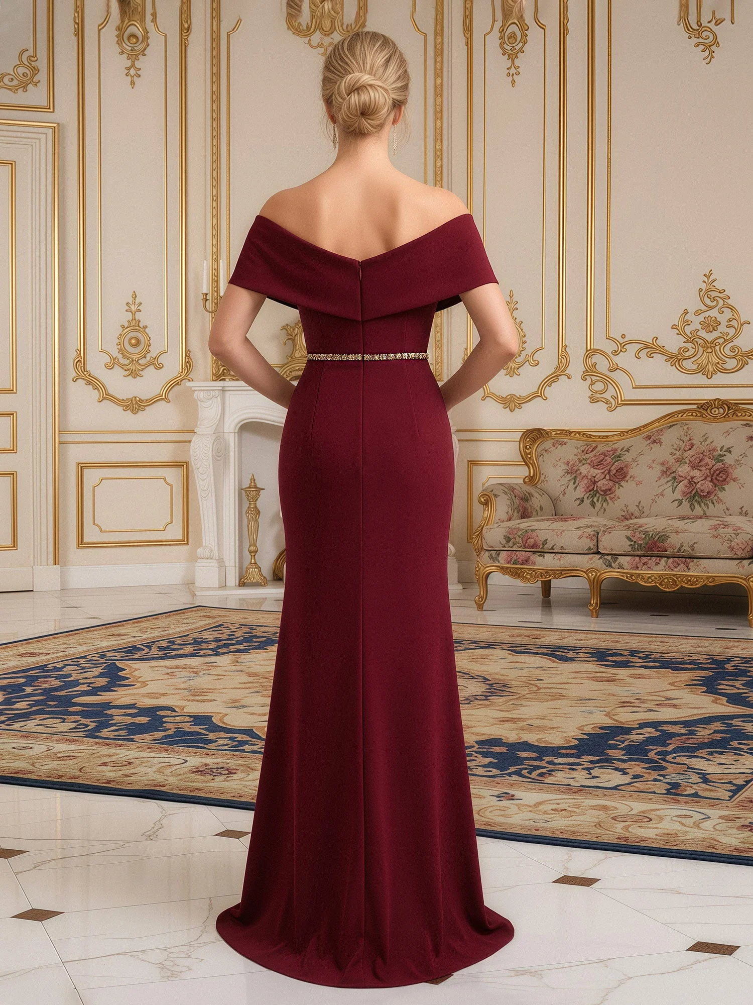 Elegant Eingebaut Maxi Kleid mit Strass Taille Detail Burgunderrot - Image 2