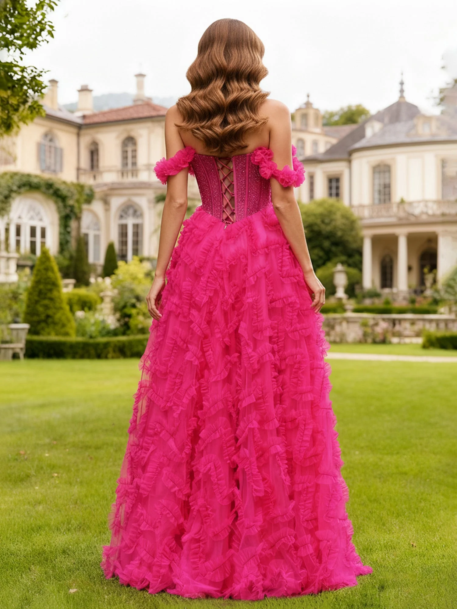 Schulterfrei Pailletten Oberteil Stufen Rüschen Kleid Fuchsia - Image 2