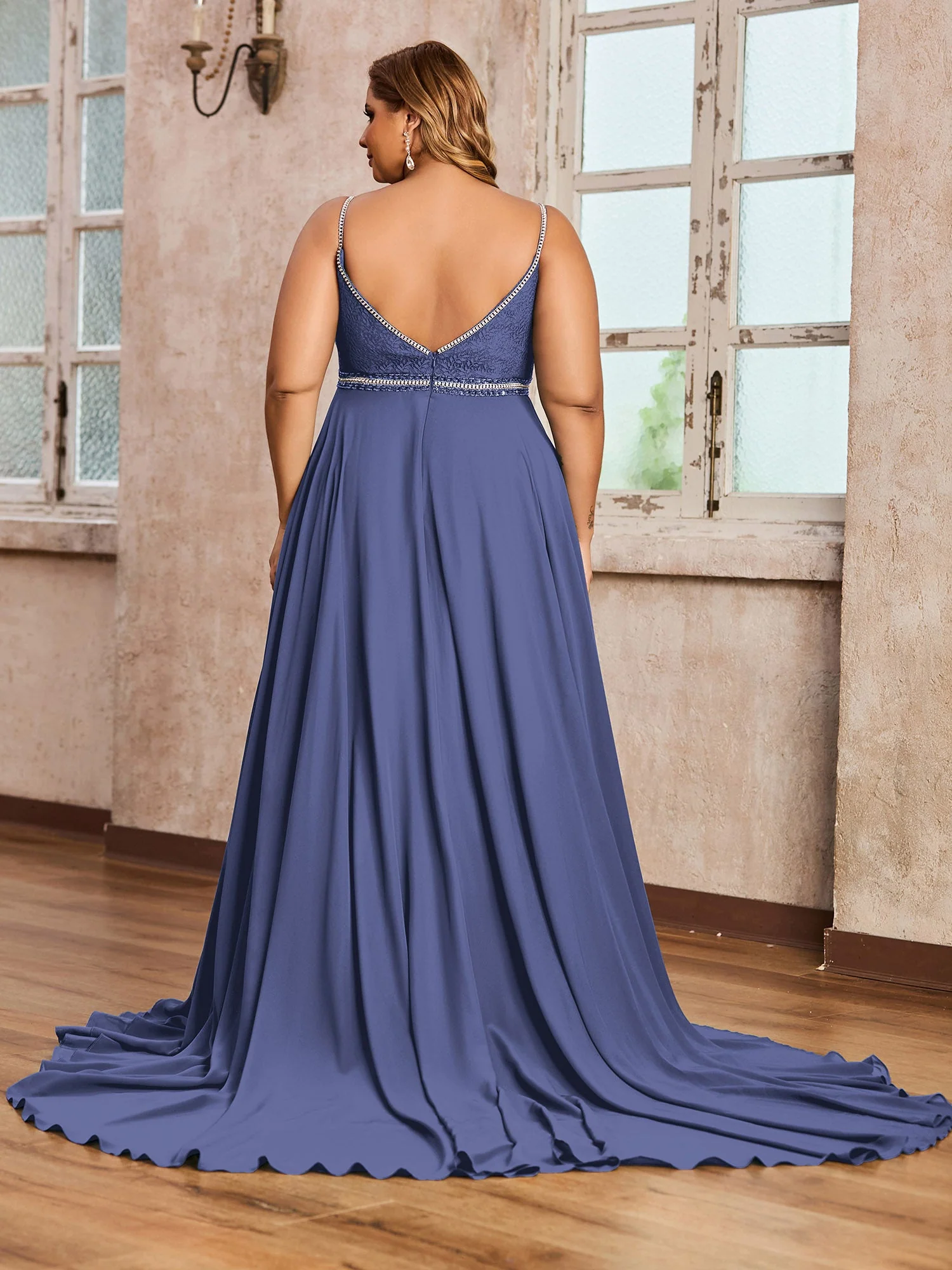 Spaghettiträger Spitze und Chiffon Kleid Periwinkleblau - Image 2