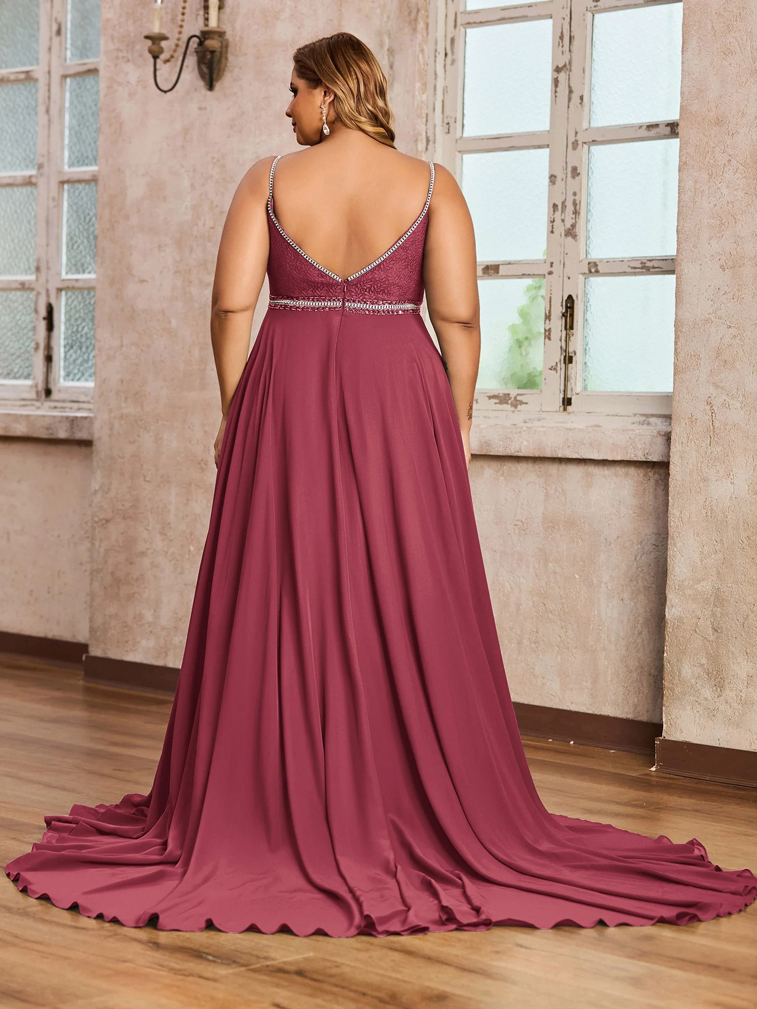 Spaghettiträger Spitze und Chiffon Kleid Zimtrose - Image 2