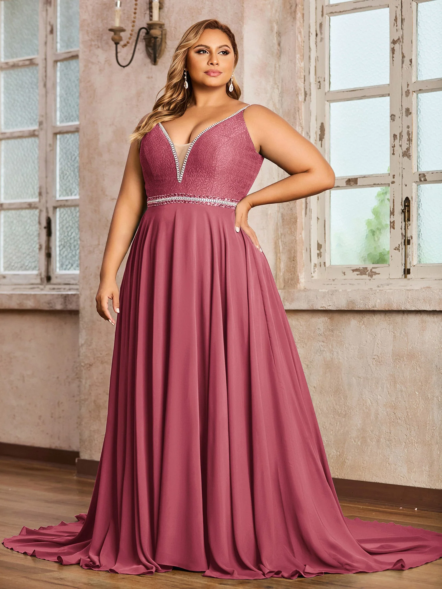 Spaghettiträger Spitze und Chiffon Kleid Zimtrose - Image 3