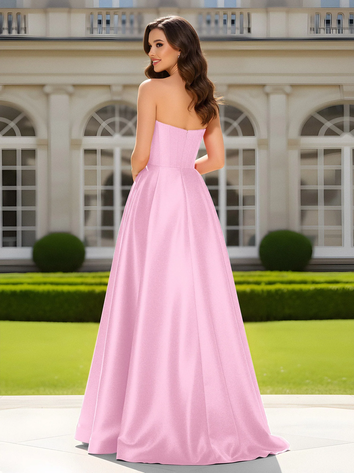 Herzform Ausschnitt A-Linie Satin Maxi Kleid mit Schlitz Bonbonrosa - Image 2