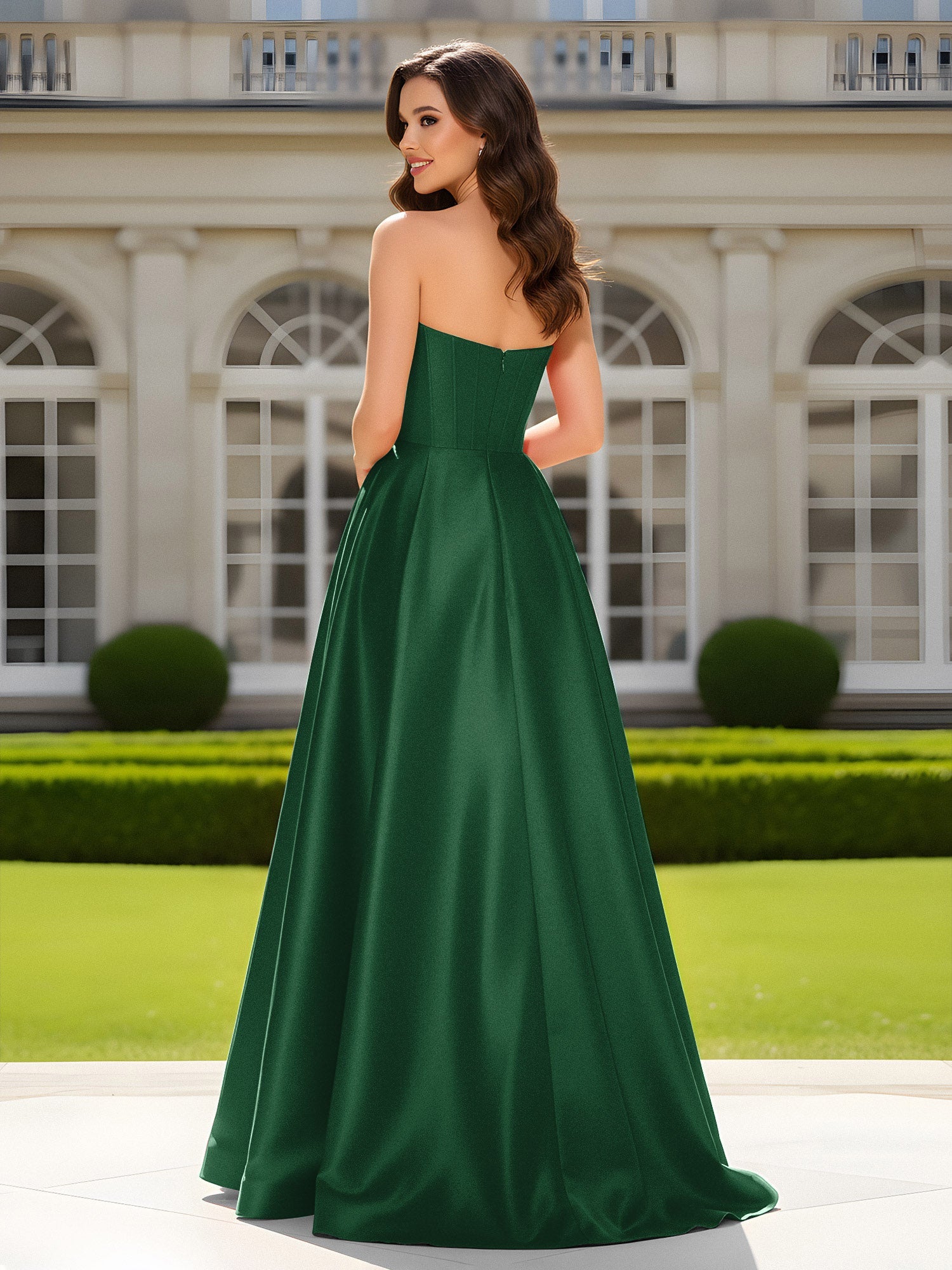 Herzform Ausschnitt A-Linie Satin Maxi Kleid mit Schlitz Dunkelgrün - Image 2