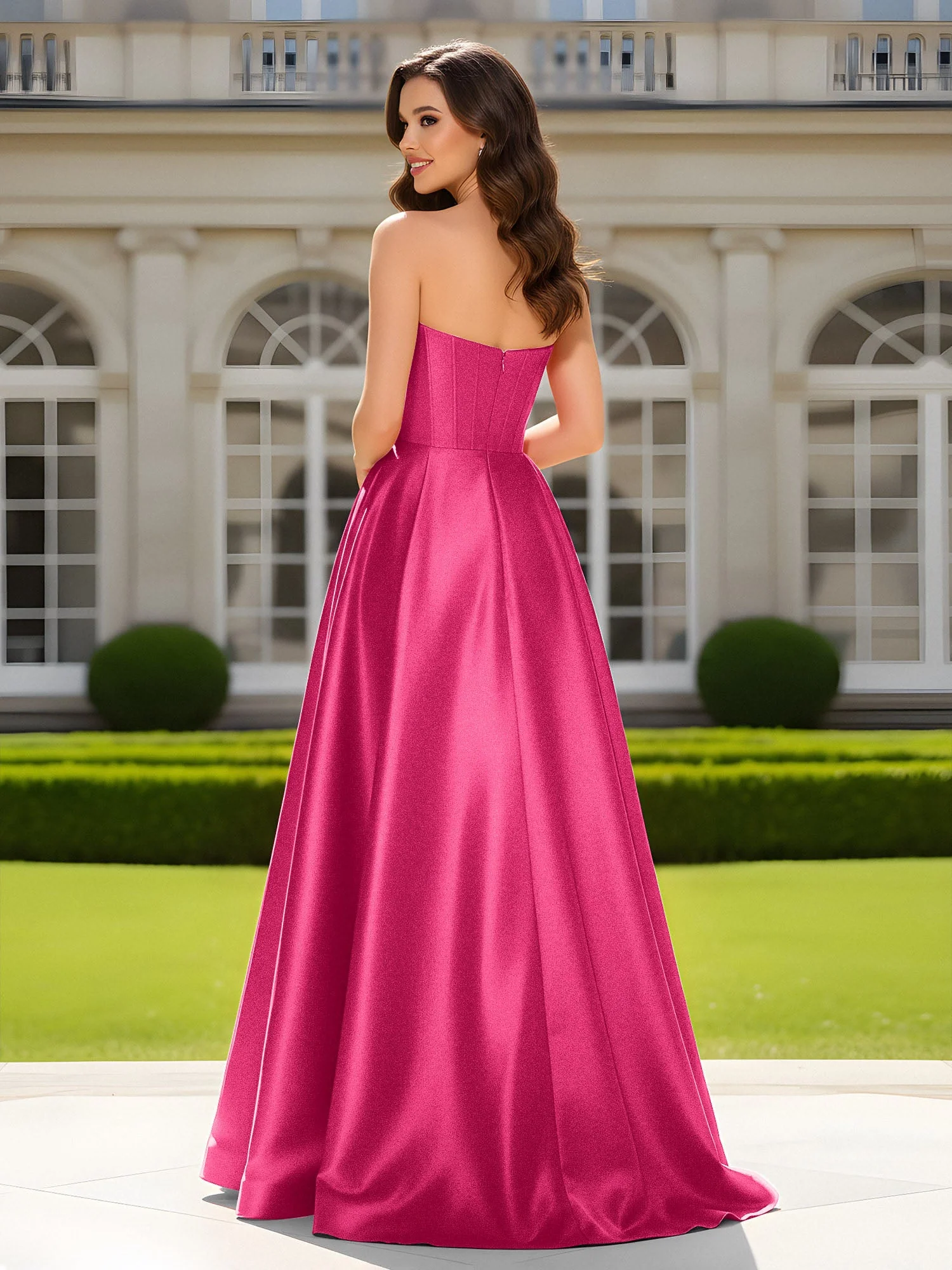 Herzform Ausschnitt A-Linie Satin Maxi Kleid mit Schlitz Fuchsia - Image 2
