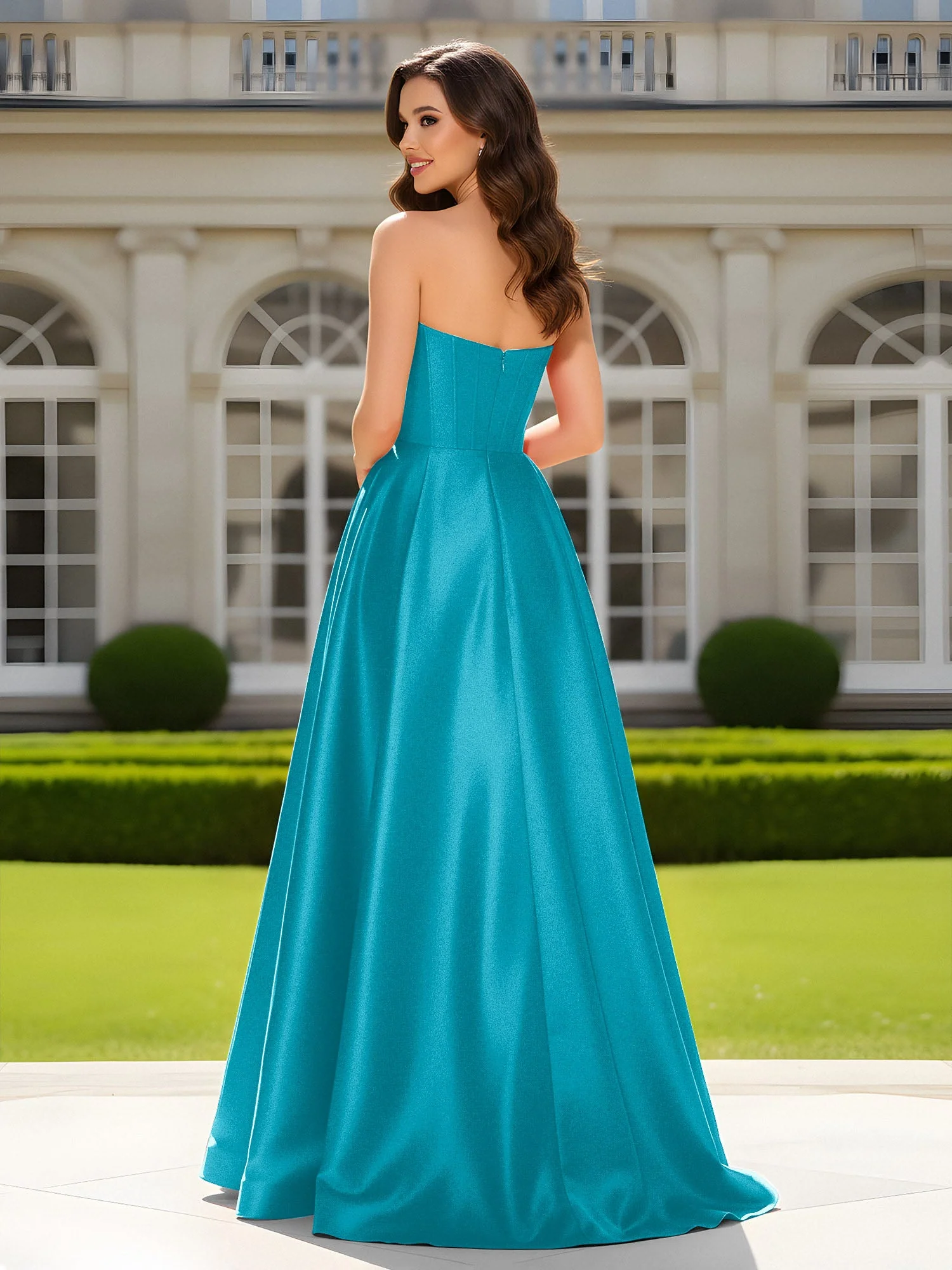 Herzform Ausschnitt A-Linie Satin Maxi Kleid mit Schlitz Jade - Image 2