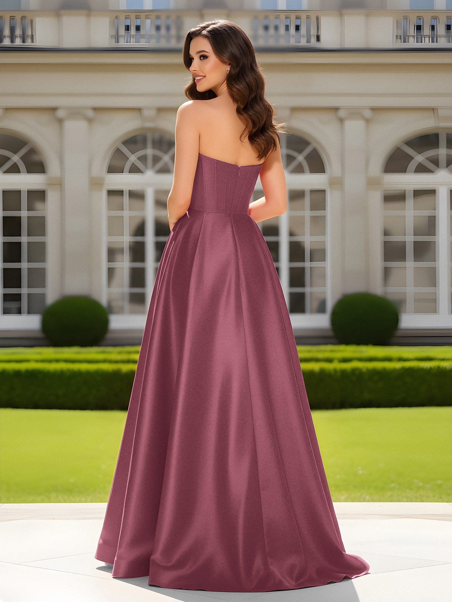 Herzform Ausschnitt A-Linie Satin Maxi Kleid mit Schlitz Maulbeere - Image 2