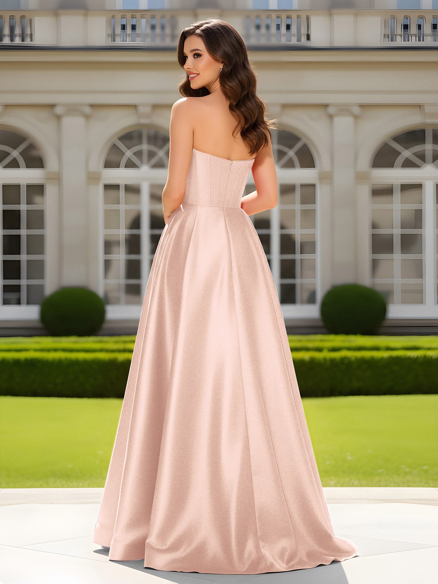Herzform Ausschnitt A-Linie Satin Maxi Kleid mit Schlitz Perlrosa - Image 2