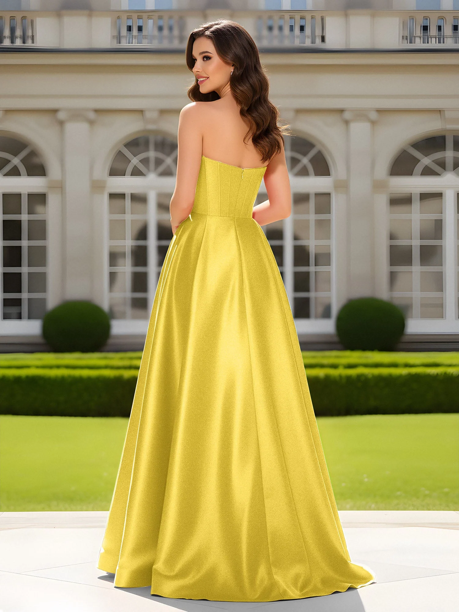 Herzform Ausschnitt A-Linie Satin Maxi Kleid mit Schlitz Ringelblume - Image 2