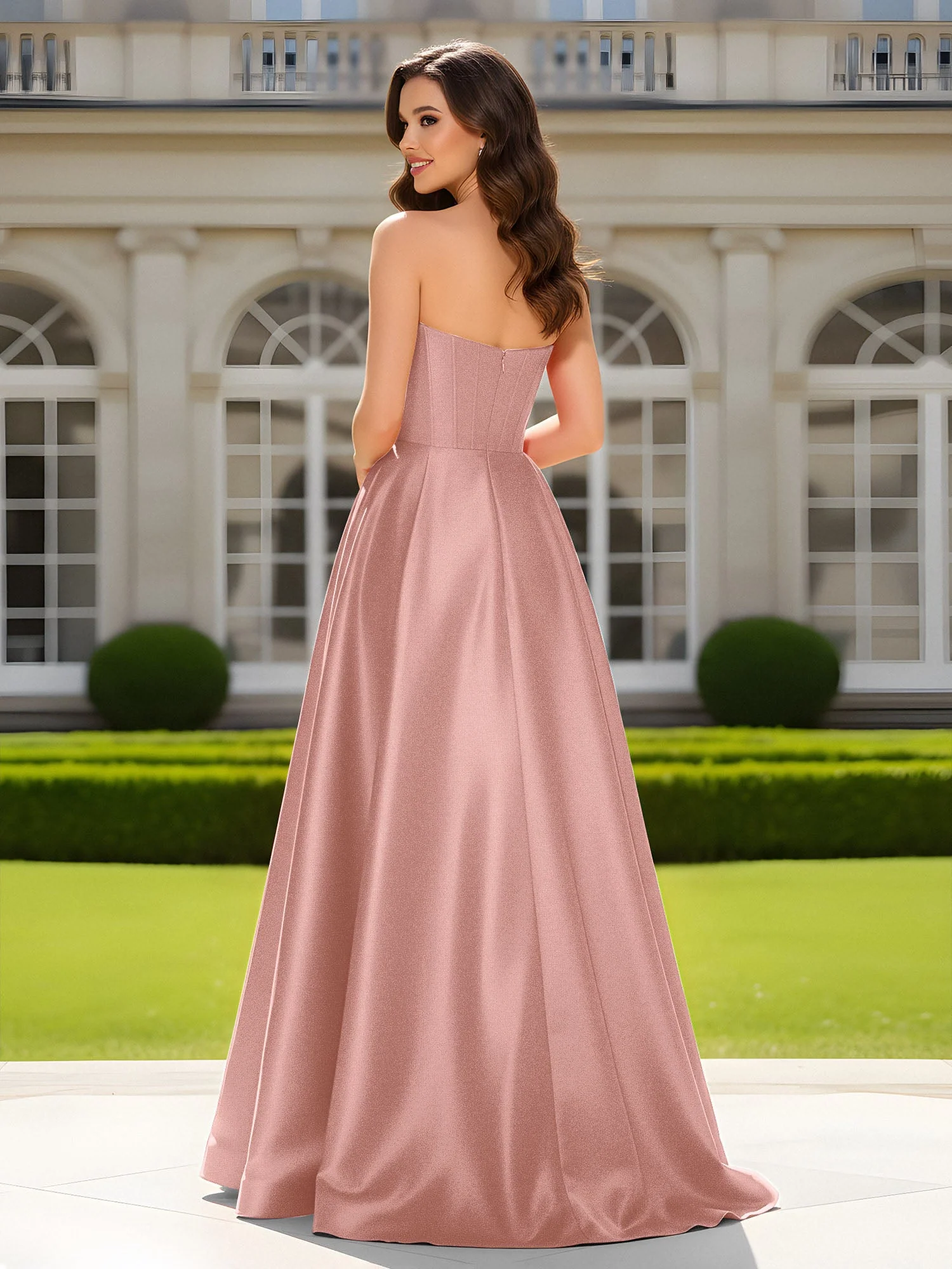 Herzform Ausschnitt A-Linie Satin Maxi Kleid mit Schlitz Staubige Rosa - Image 2
