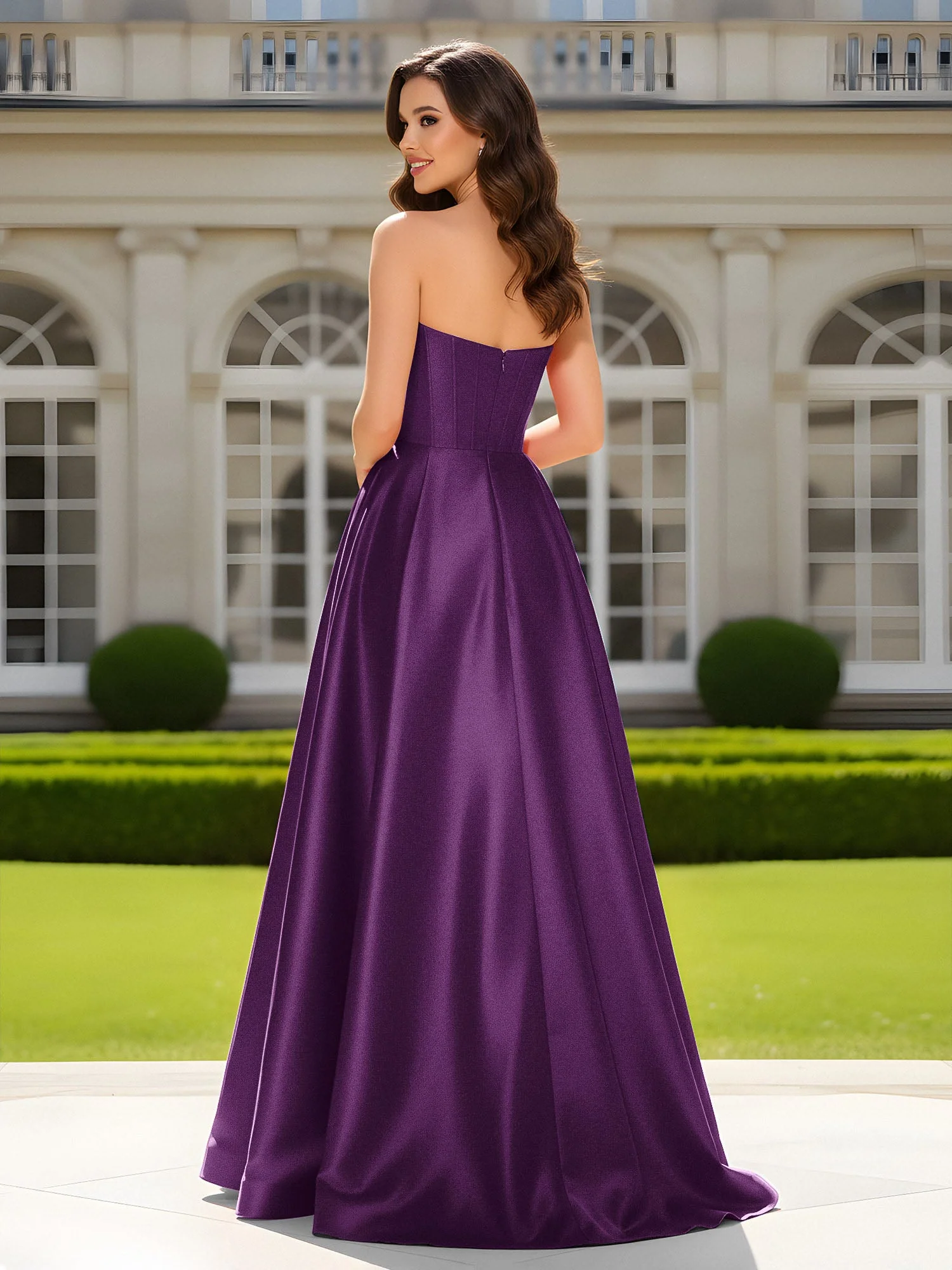 Herzform Ausschnitt A-Linie Satin Maxi Kleid mit Schlitz Traube - Image 2