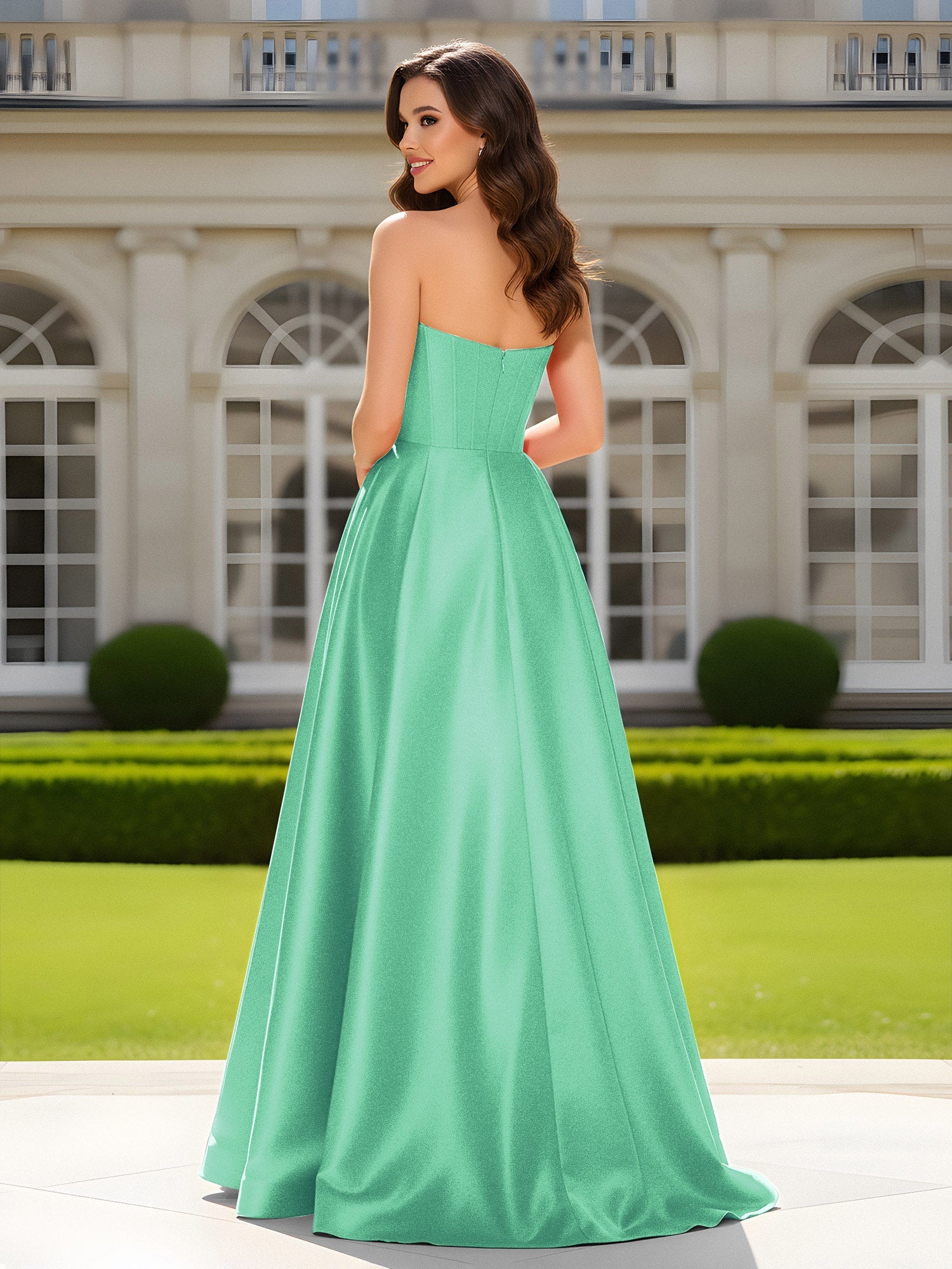 Herzform Ausschnitt A-Linie Satin Maxi Kleid mit Schlitz Türkis - Image 2