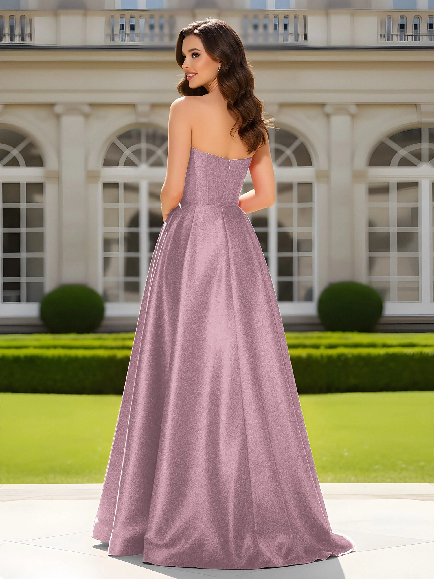 Herzform Ausschnitt A-Linie Satin Maxi Kleid mit Schlitz Vintage Mauve - Image 2