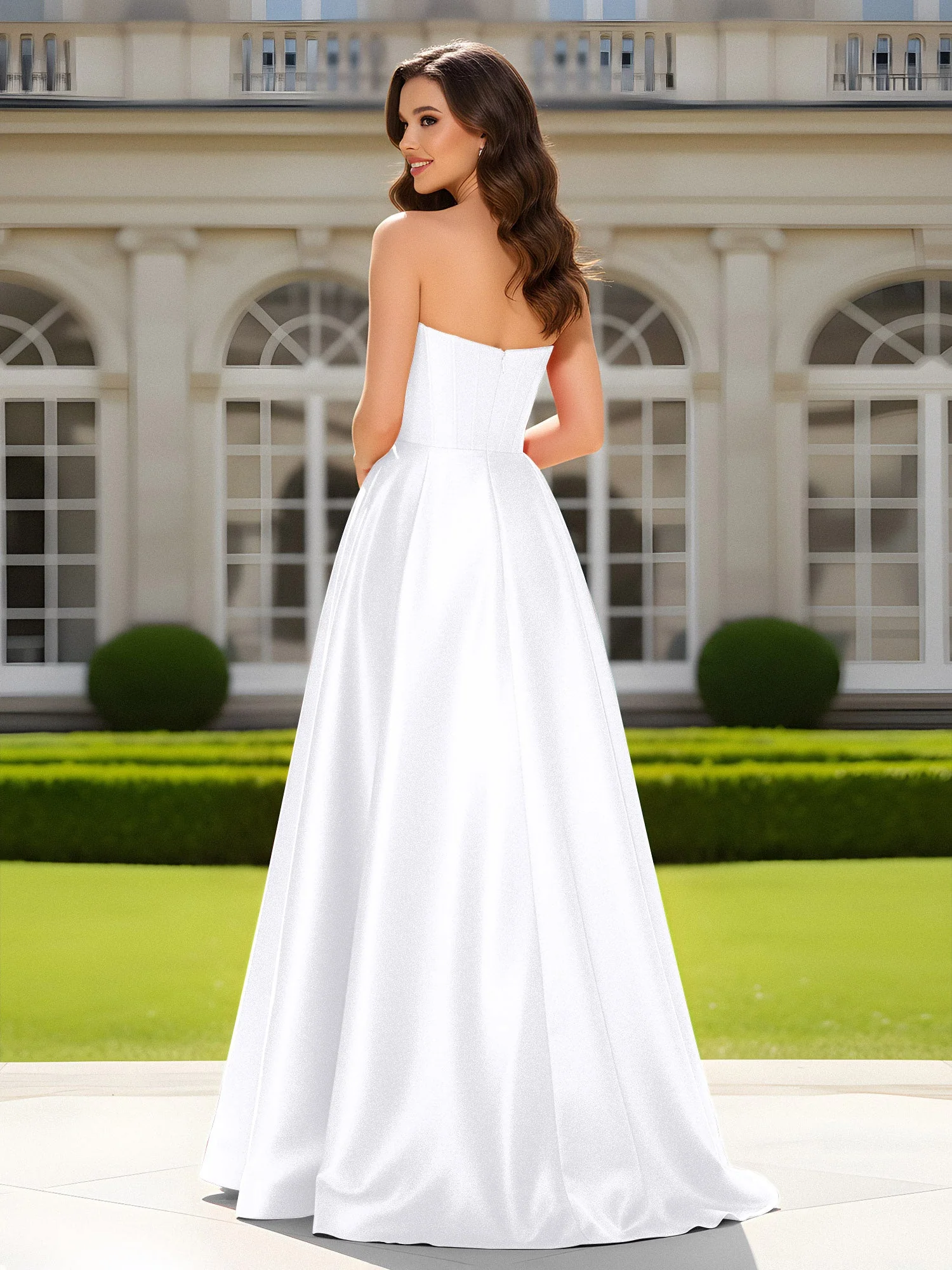 Herzform Ausschnitt A-Linie Satin Maxi Kleid mit Schlitz Weiß - Image 2