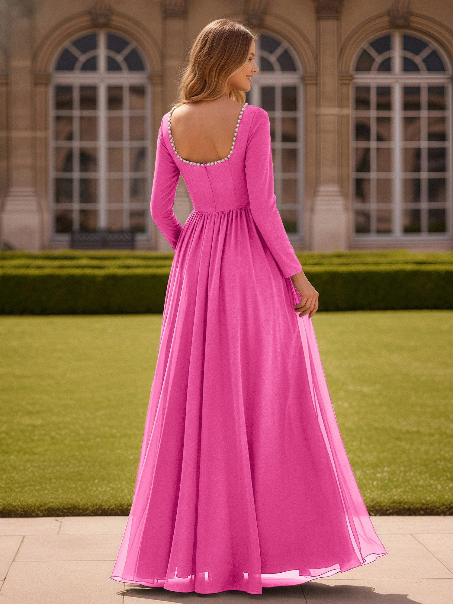 Perlen Quadrat Ausschnitt Langarm Kleid mit Schlitz Azalee - Image 2