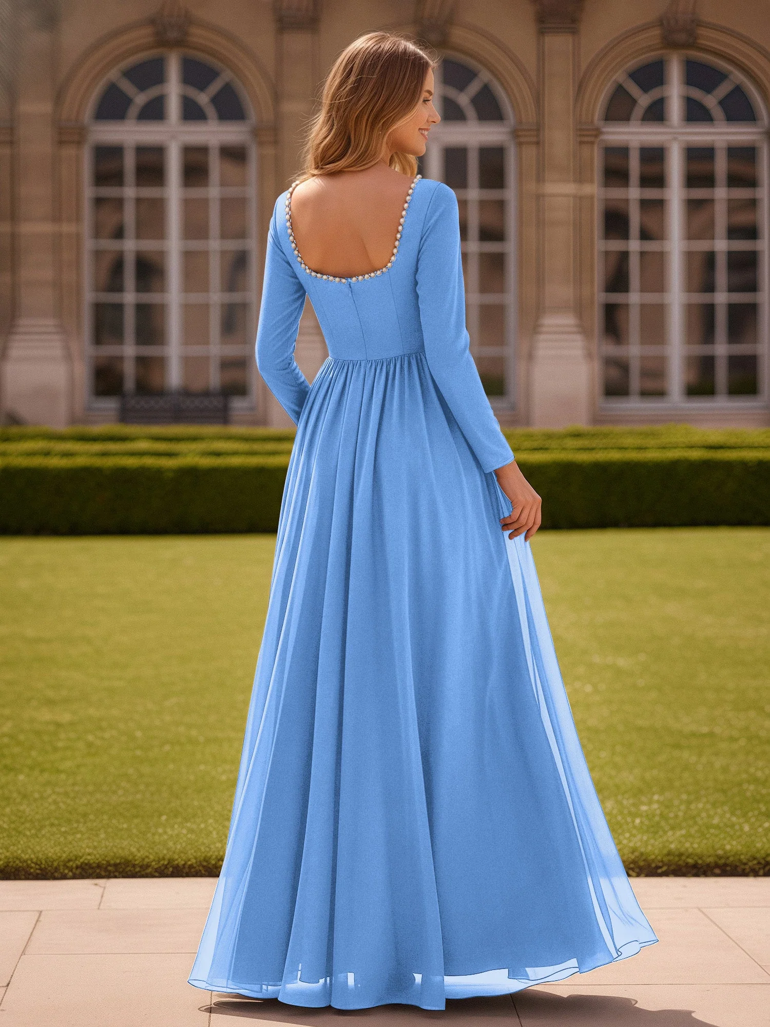Perlen Quadrat Ausschnitt Langarm Kleid mit Schlitz Blau - Image 2