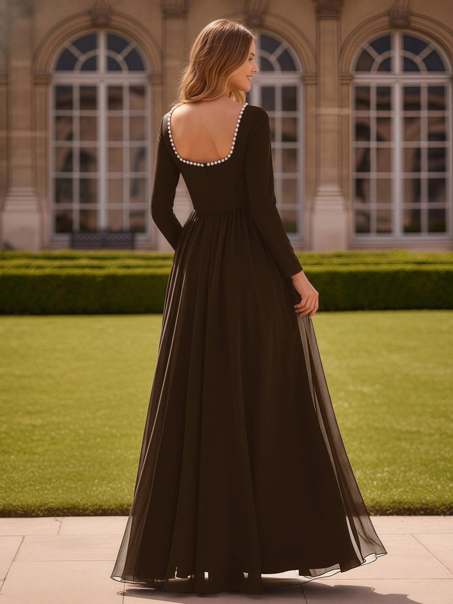 Perlen Quadrat Ausschnitt Langarm Kleid mit Schlitz Braun - Image 2