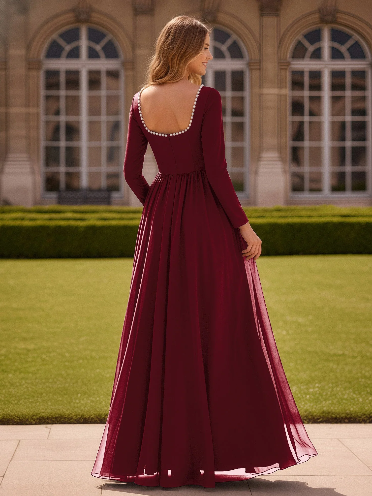Perlen Quadrat Ausschnitt Langarm Kleid mit Schlitz Burgunderrot - Image 2