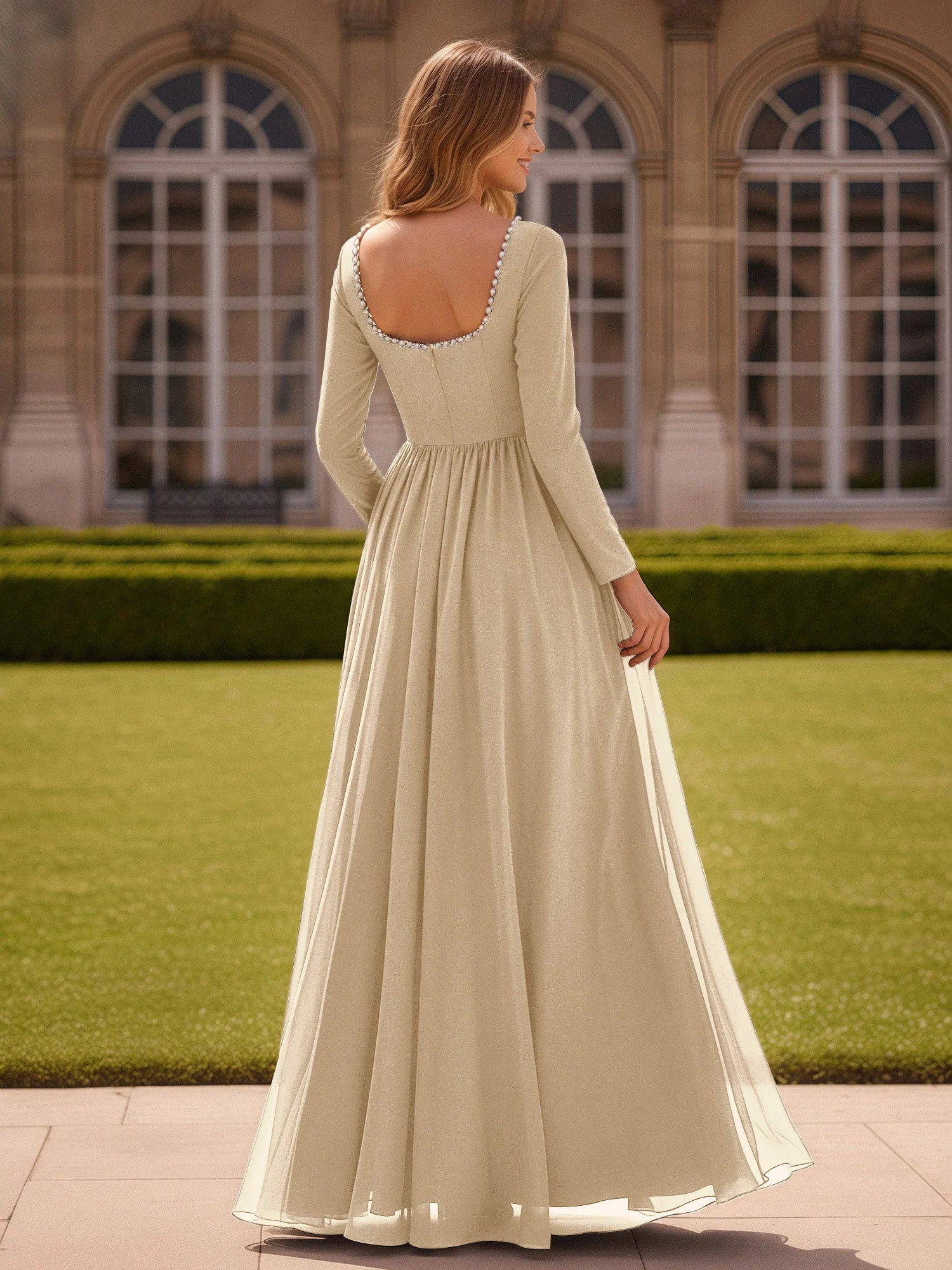 Perlen Quadrat Ausschnitt Langarm Kleid mit Schlitz Champagner - Image 2
